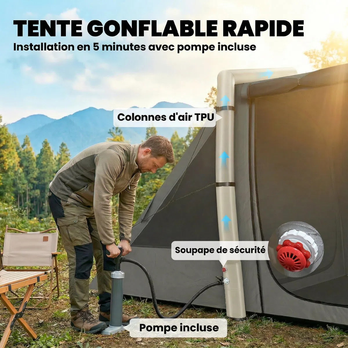 Outsunny Tente Gonflable de Camping 4 Personnes Blackout - Tente à Air 5,8m de Long avec 2 Chambres et Séjour - Imperméable 3000mm avec Pompe, Auvent et Piquets Fluorescents, Gris Foncé
