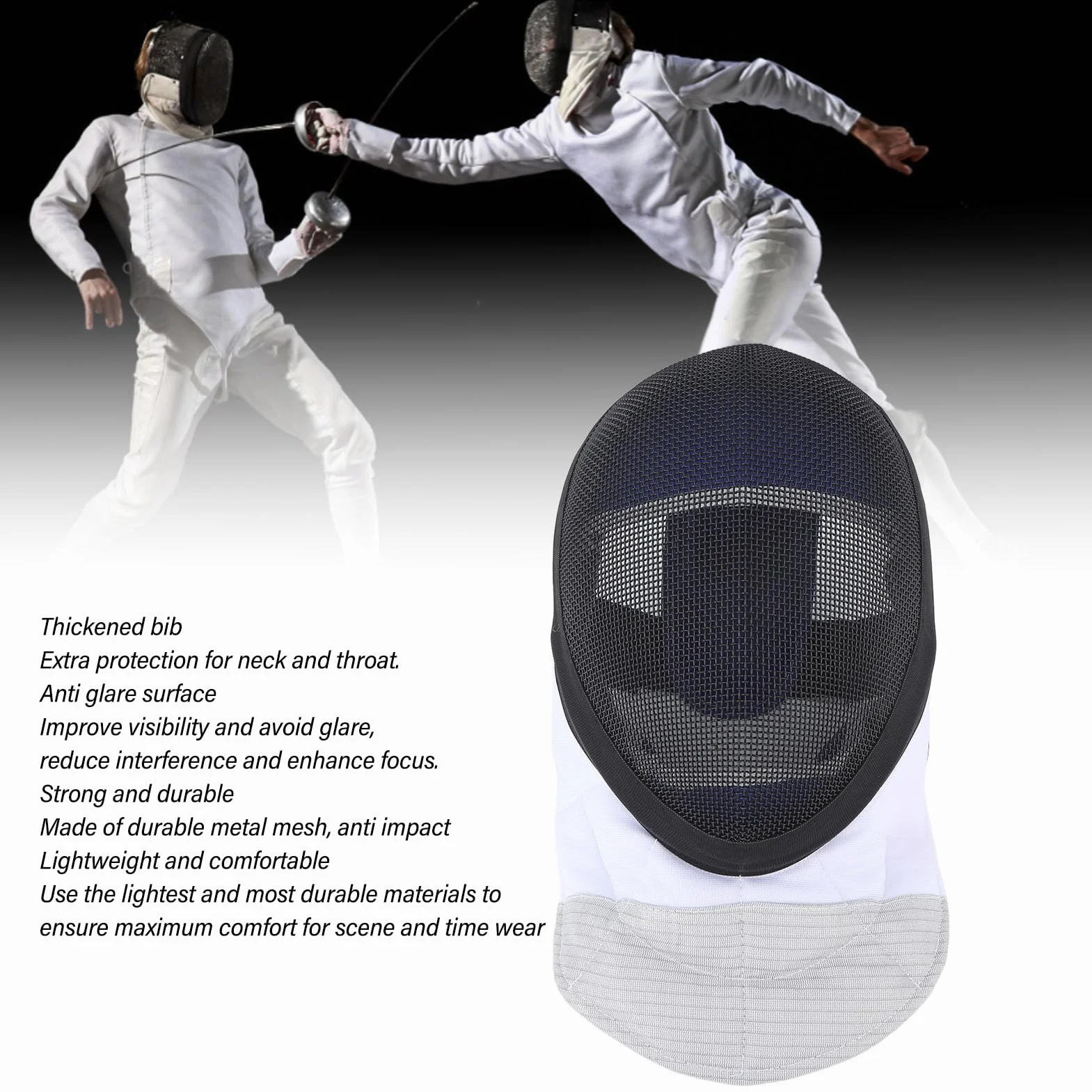 Tbest Masque de Casque D'escrime, Masque de Sport D'escrime Casque de Protection D'escrime avec Bavette Rembourrée pour la Pratique Quotidienne et la Compétition Noir (M)