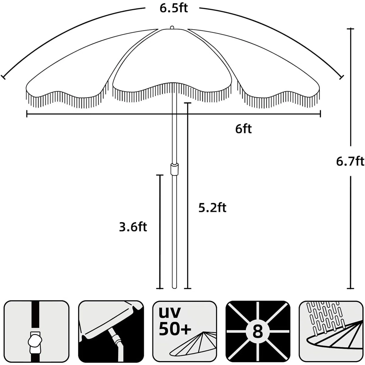 Parasol à Frange, Parasol Plage Parasol de Pique-Nique Boho à Franges, 2 m, UPF 50+, avec Pompons, mât en Acier et Bouton-Poussoir inclinable