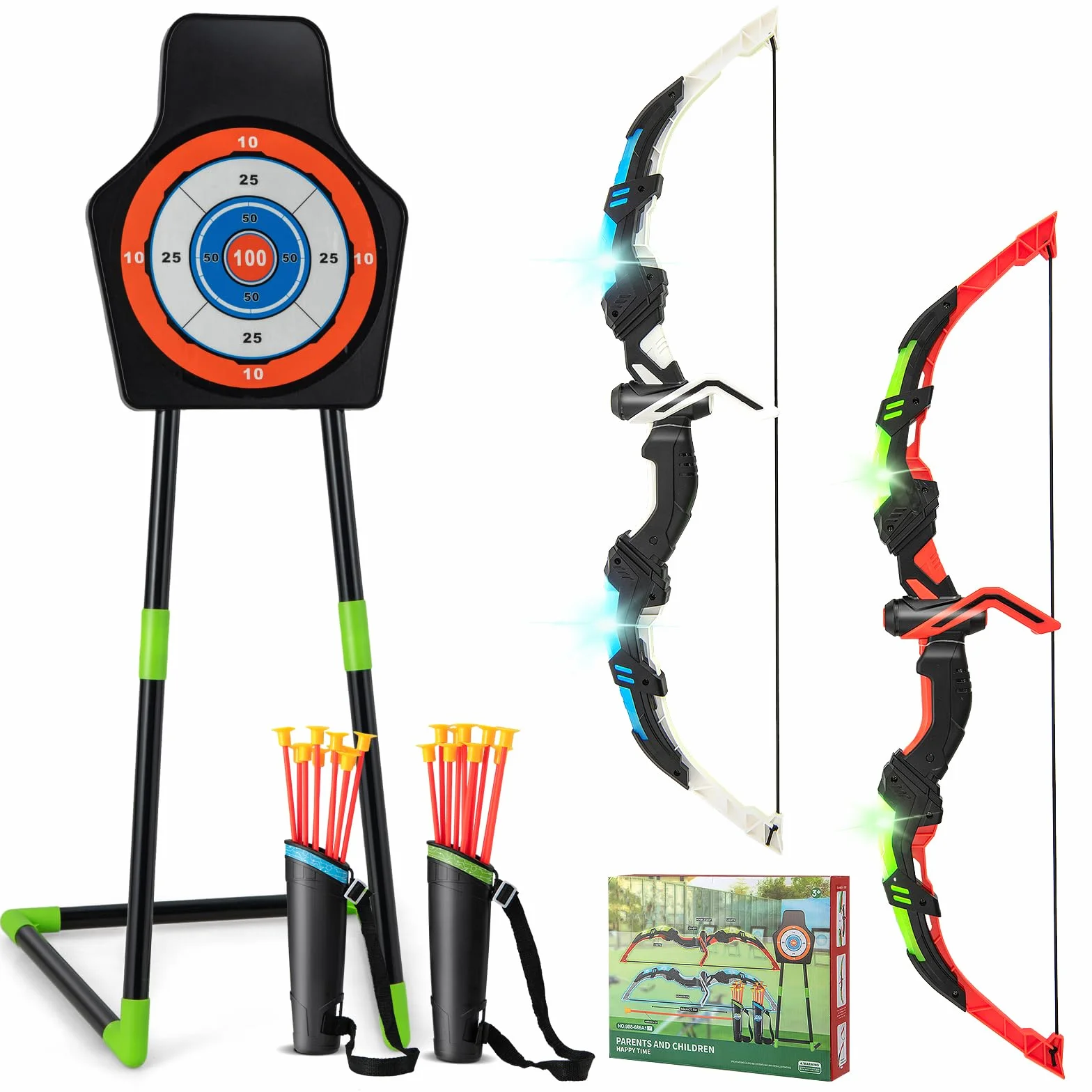 COSTWAY Arc et Flèche pour Enfants avec Lumières LED, Ensemble de Tir à l'arc avec 20 Flèches, 1 Cible Debout/Suspendue et 2 Carquois, Jeu de Tir Intérieur Extérieur pour Garçons Filles de 3 Ans+