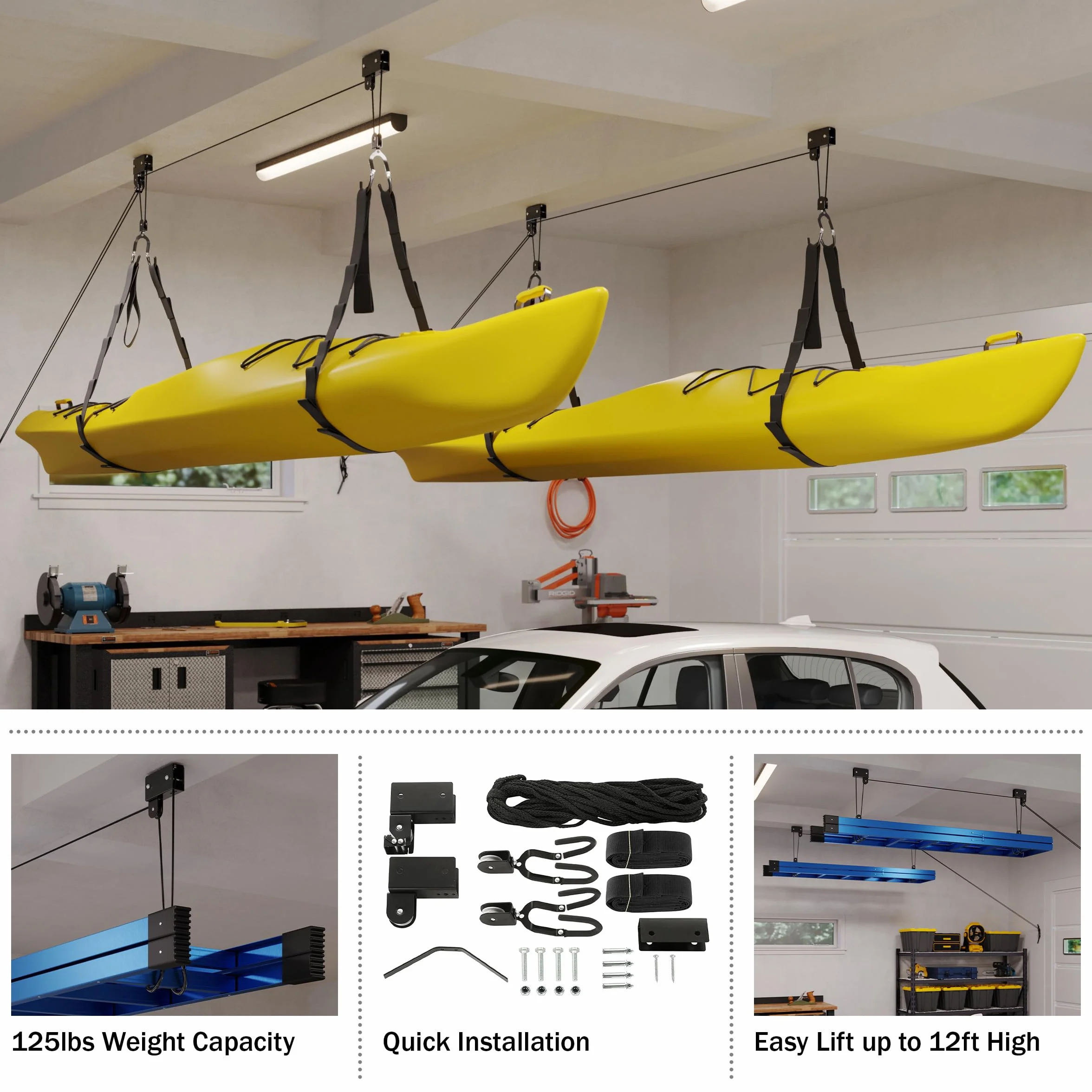 RAD Sportz Ensemble de palan à Kayak – Système de poulie aérienne avec capacité de 56,7 kg pour Kayaks, canoës, vélos ou échelles de Rangement (Lot de 2), Noir