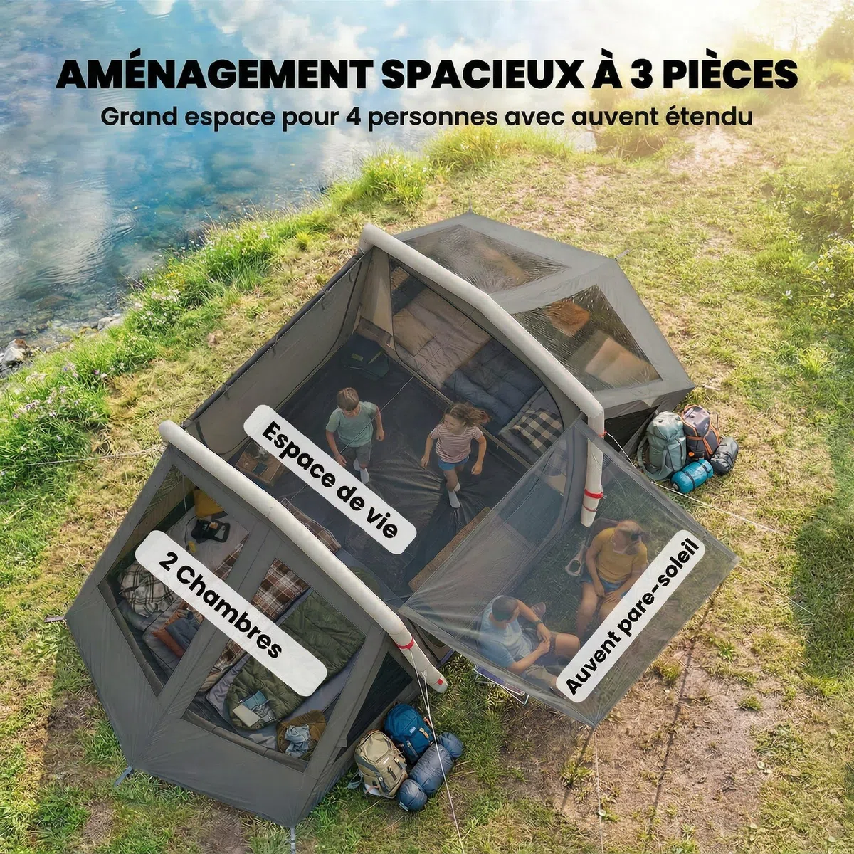 Outsunny Tente Gonflable de Camping 4 Personnes Blackout - Tente à Air 5,8m de Long avec 2 Chambres et Séjour - Imperméable 3000mm avec Pompe, Auvent et Piquets Fluorescents, Gris Foncé