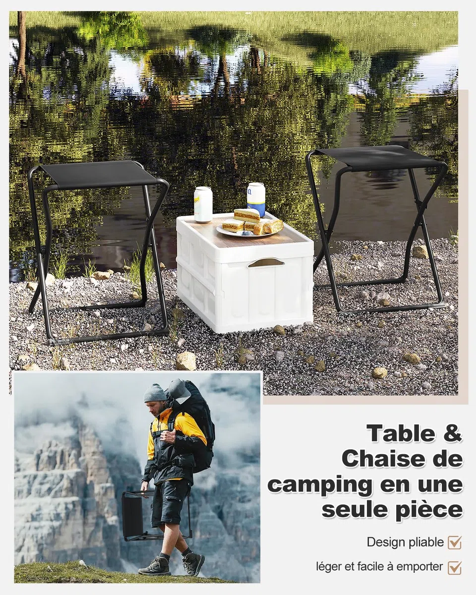 eSituro Table Pliante 2 en 1 d'Appoint avec Plateau Amovible, Tabouret Portable pour Camping Extérieur, 40,5x40,5x50cm, Noir