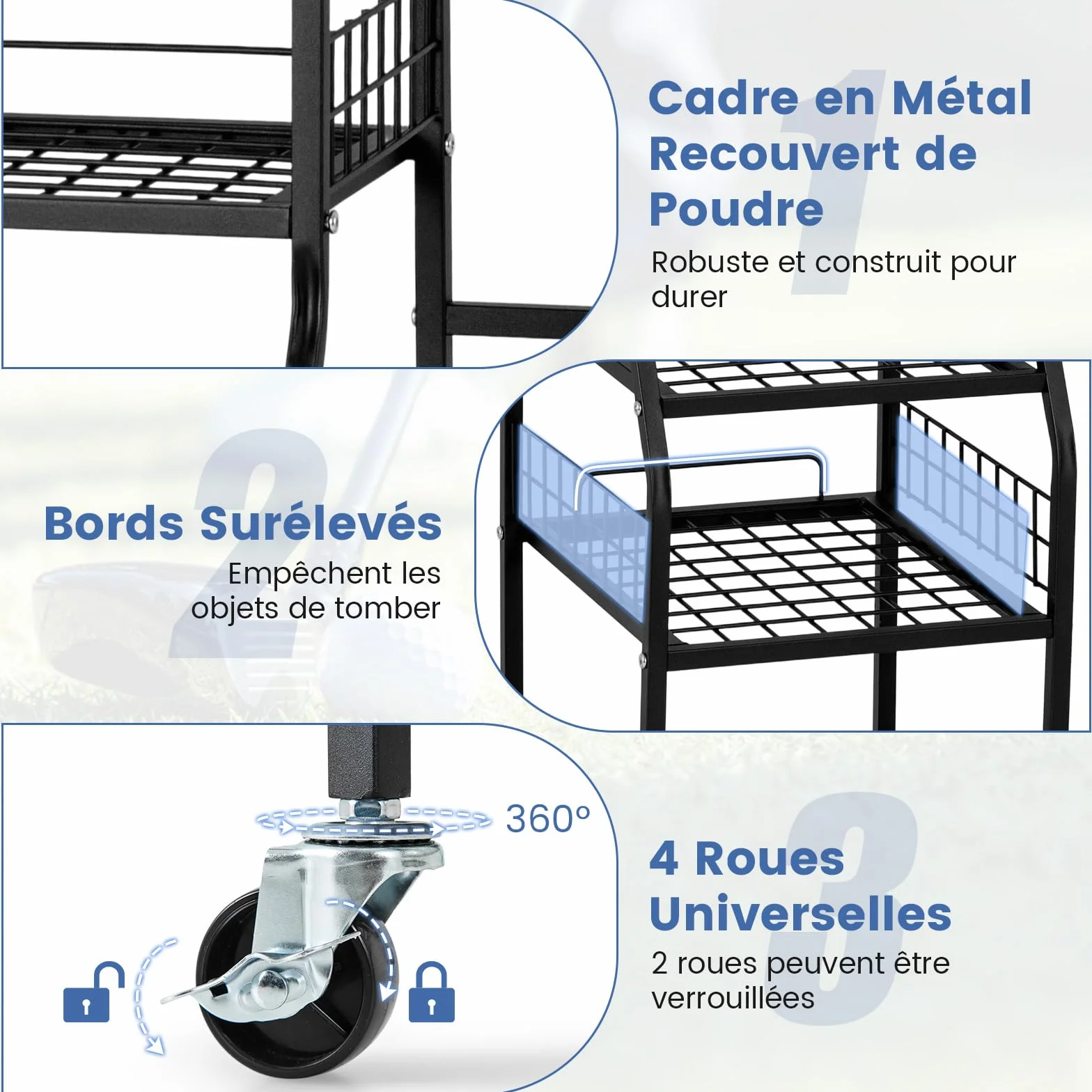 GYMAX Organisateur de Golf, Chariot Métallique pour Rangement de Sacs, Clubs, Chaussures, Balles, Accessoires, 4 roulettes Universelles, Convient pour Garage, sous-Sol, Club