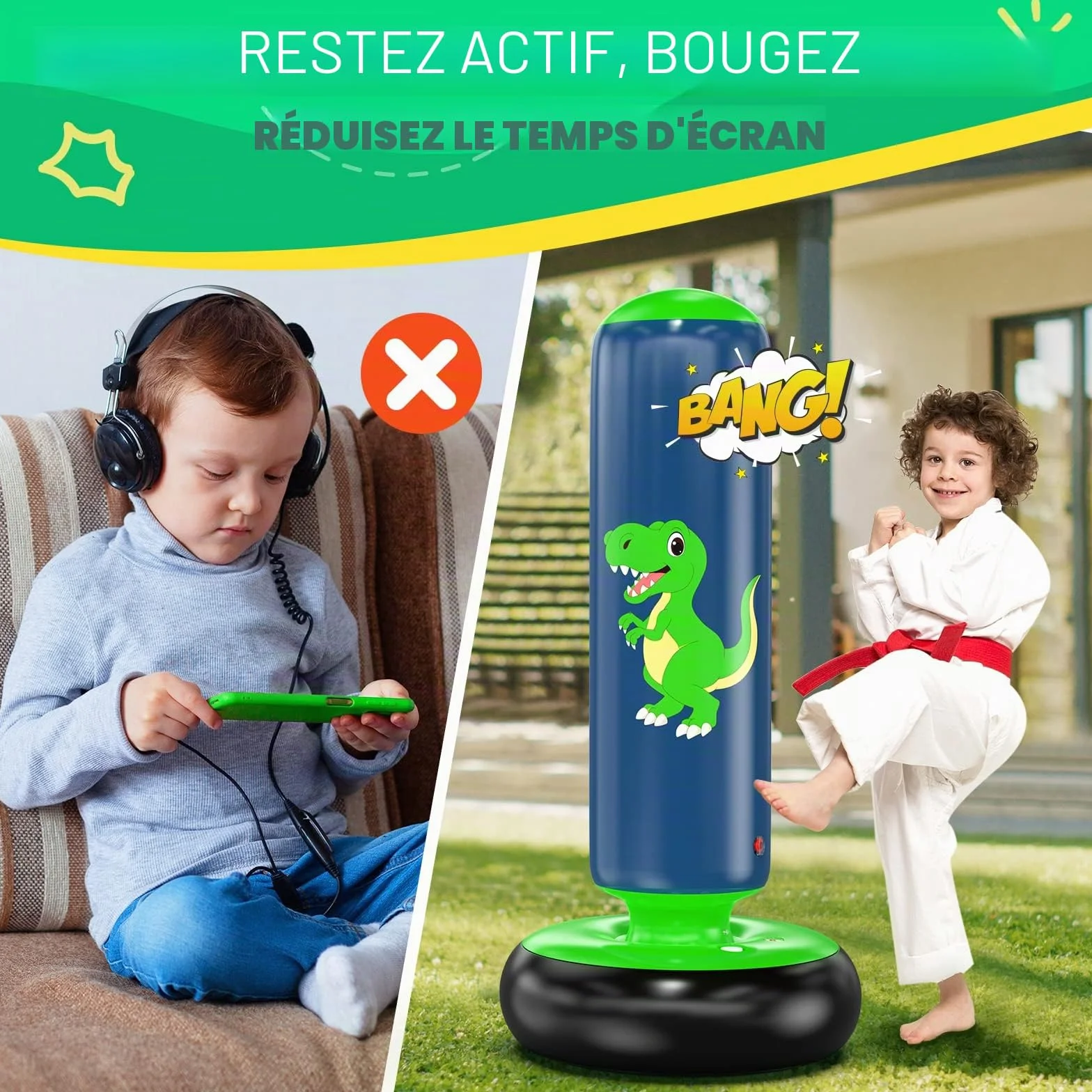 Sac de Boxe pour Enfants QPAU, Sac Boxe Gonflable Pied 3-8 Ans, Cadeaux Enfants, Set Debout Karaté Taekwondo