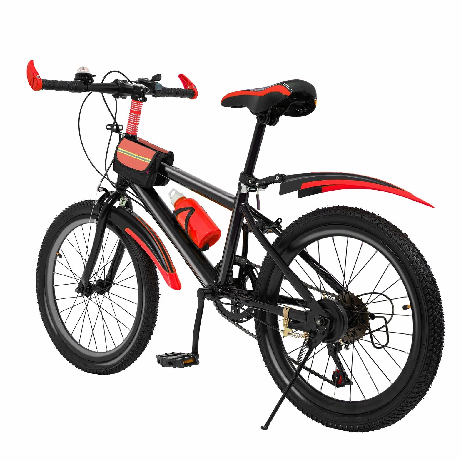 VTT 20" à 7 vitesses moderne, pour garçons et filles de 8 à 13 ans, VTT avec 4 gardes, support, cloche de boussole, sac de rangement pour bouteille d’eau, capacité de charge 85 kg, cadre