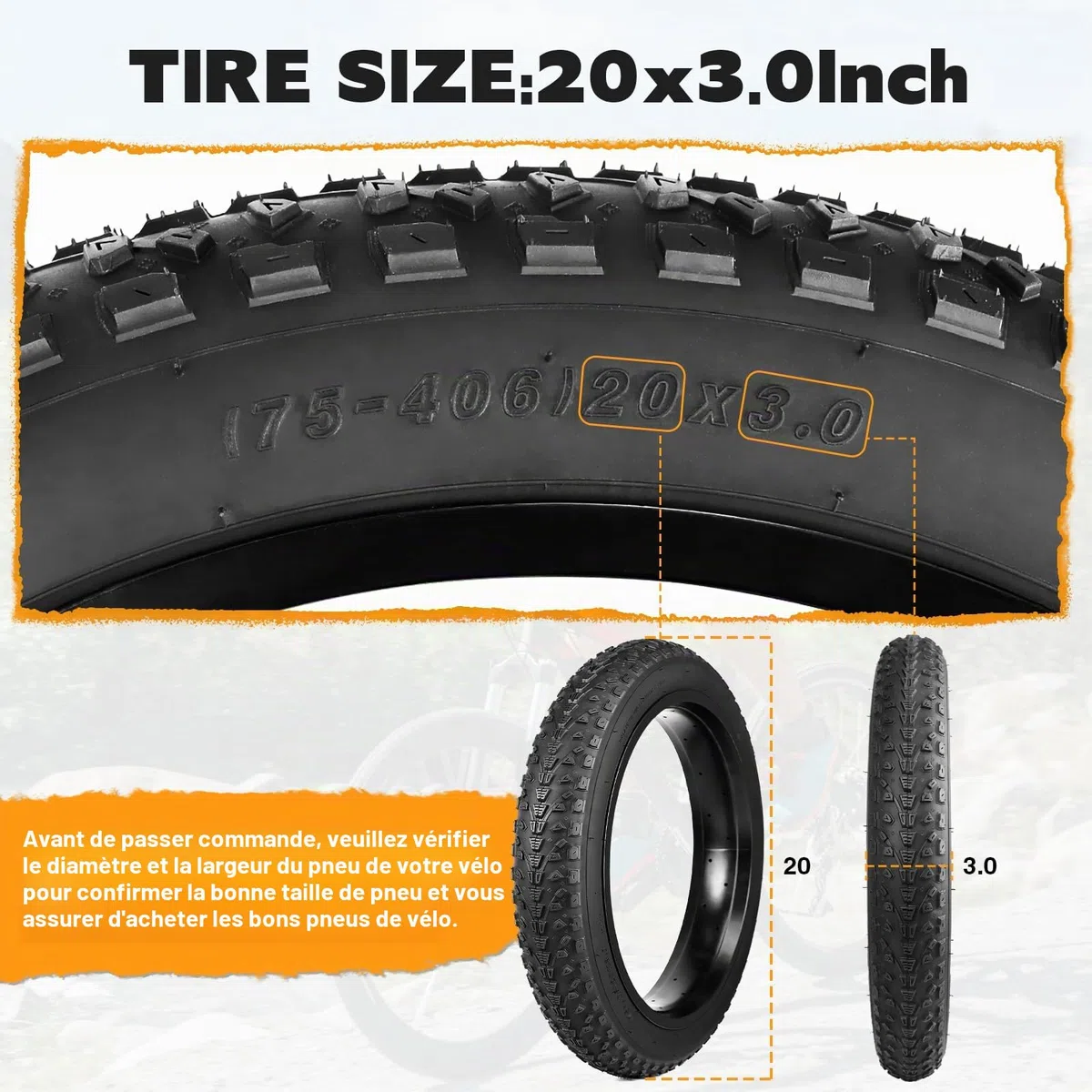 Pneu de vélo 20 x 3,0" Fat E-Bike – Tires 75-406 avec profil antidérapant pour vélos électriques (2 pneus noirs (pneus sans chambre à air uniquement), 20 x 3,0 pouces