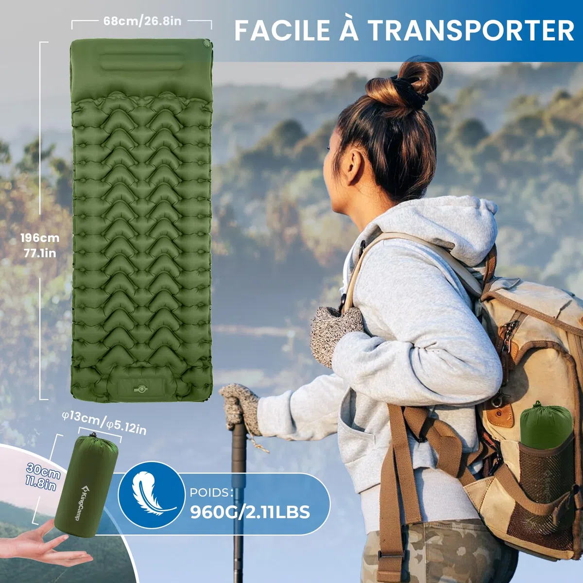 KingCamp Matelas de Camping Gonflable Ultraléger avec Oreiller & Pompe à Pied Intégré Tapis de Camping Gonflable Coussin d'air Portable Tapis de Couchage Matelas Gonflable pour Tente Voyage Randonnée