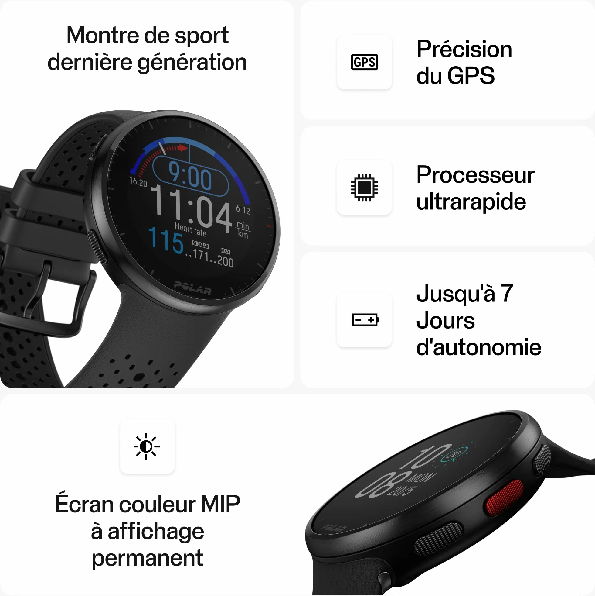 Polar Pacer Pro Montre Sport GPS Cardiofréquencemètre Poignet Hommes Femmes Entraînement Running Suivi Sommeil