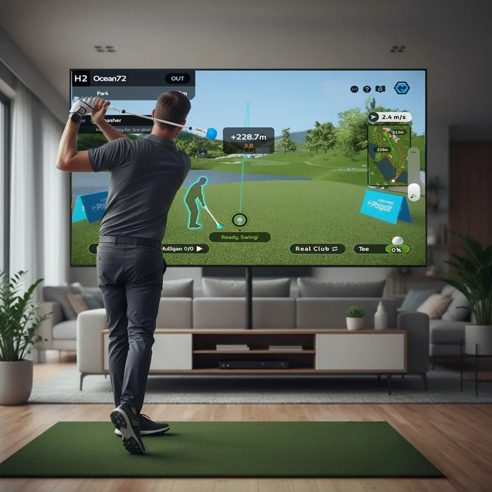 PHIGOLF Simulateur de jeu de golf à domicile : profitez d'un golf interactif avec détecteur de mouvement et bâton pivotant pour s'amuser en intérieur et en extérieur – Plus de 38 000 parcours dans le