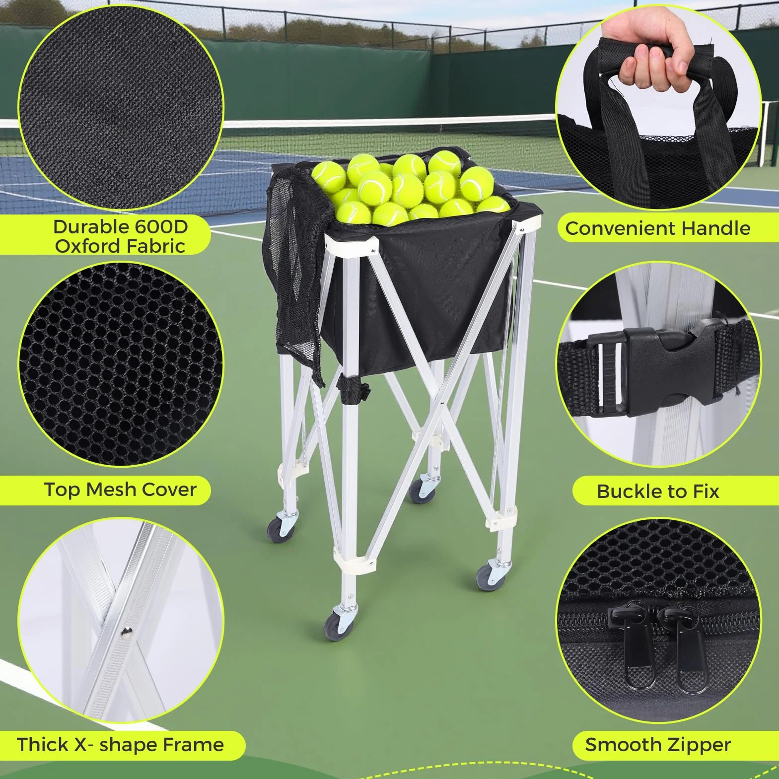 Porte-balles de tennis pliable Hopper pour 170 balles - Grande capacité en alliage d'aluminium