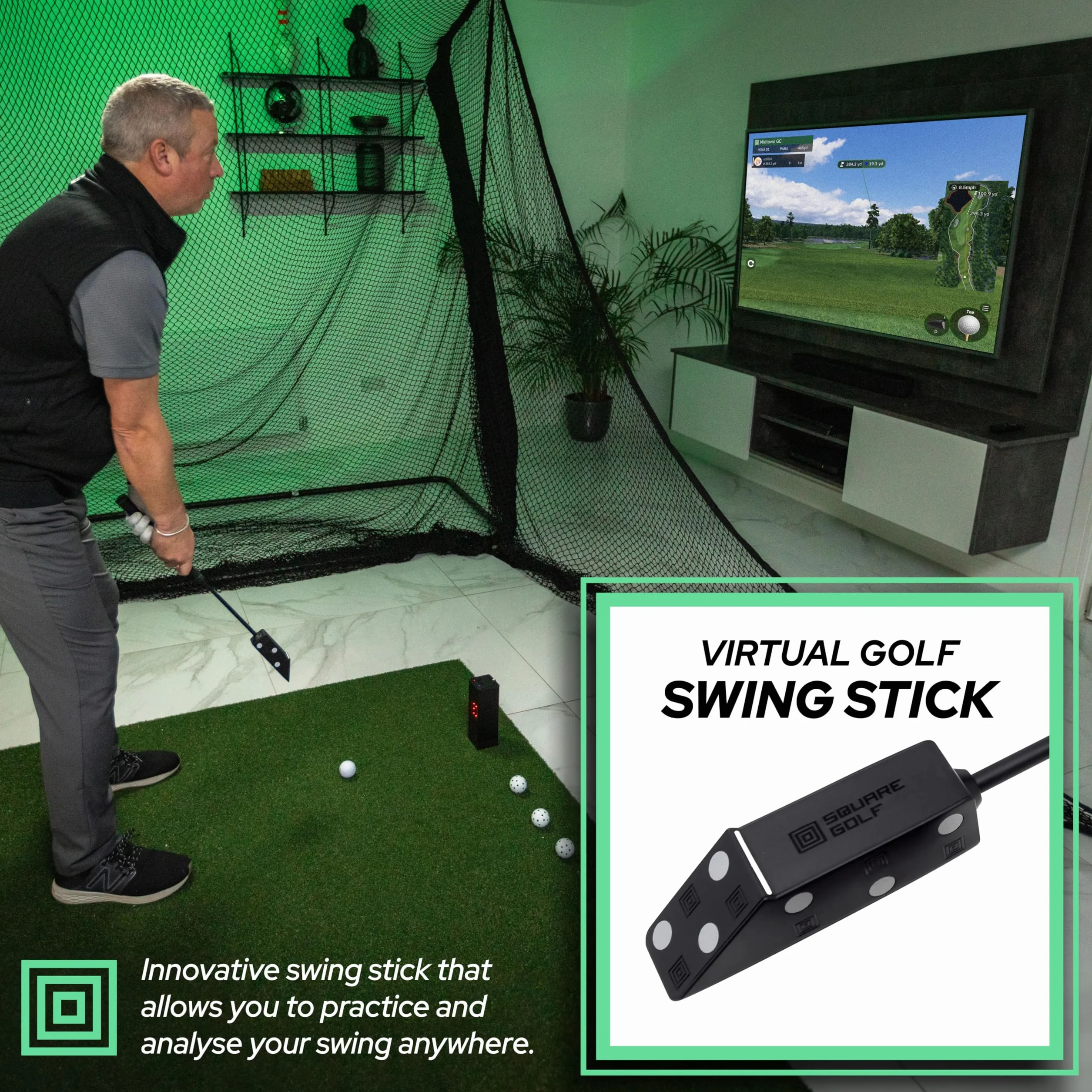 Square Golf Moniteur de Lancement d'intérieur Unisexe, Noir