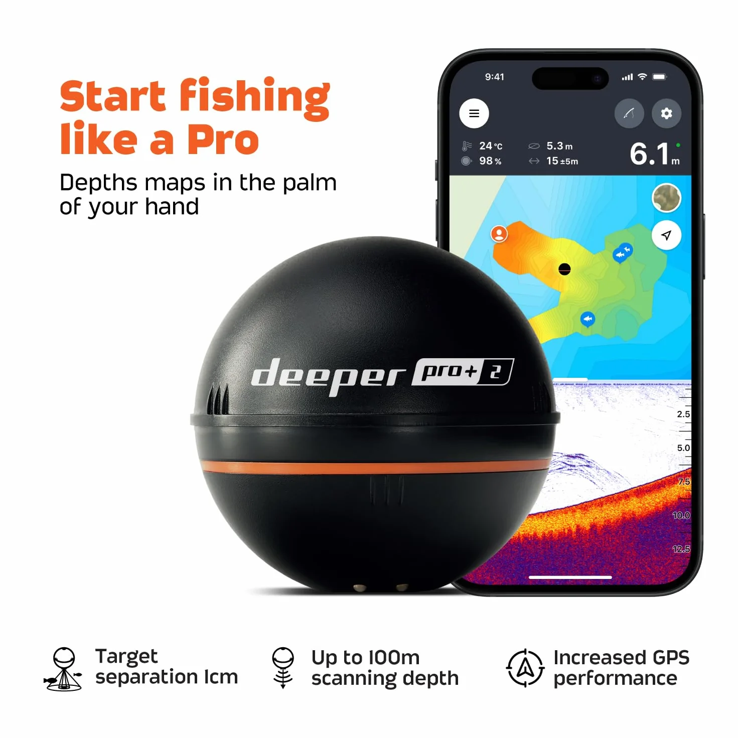Deeper Pro+ 2 Sondeur de Pêche Portable avec GPS Intégré, Détecteur de Poissons et de Profondeur, pour Kayak, Bateau, Pêche sur Glace, Fonctionne avec Téléphones Portables (App Gratuite)