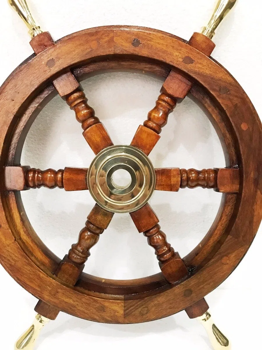 Marine Nautical Store Poignée en laiton massif de 45,7 cm - Barre en bois - Volant de bateau - Décoration murale antique