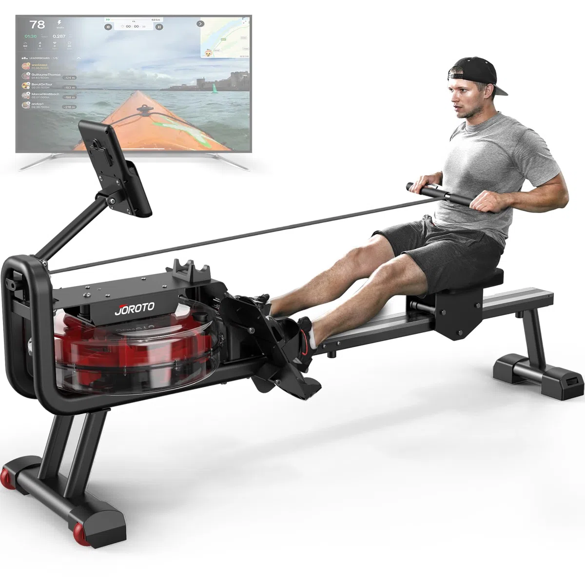 JOROTO Rameur Musculation, Rameur d'appartement à Eau avec Connexion Bluetooth, Rangement Vertical Peu Encombrant, Comprend Un Support de Téléphone et Une Application d'entraînement Rameur