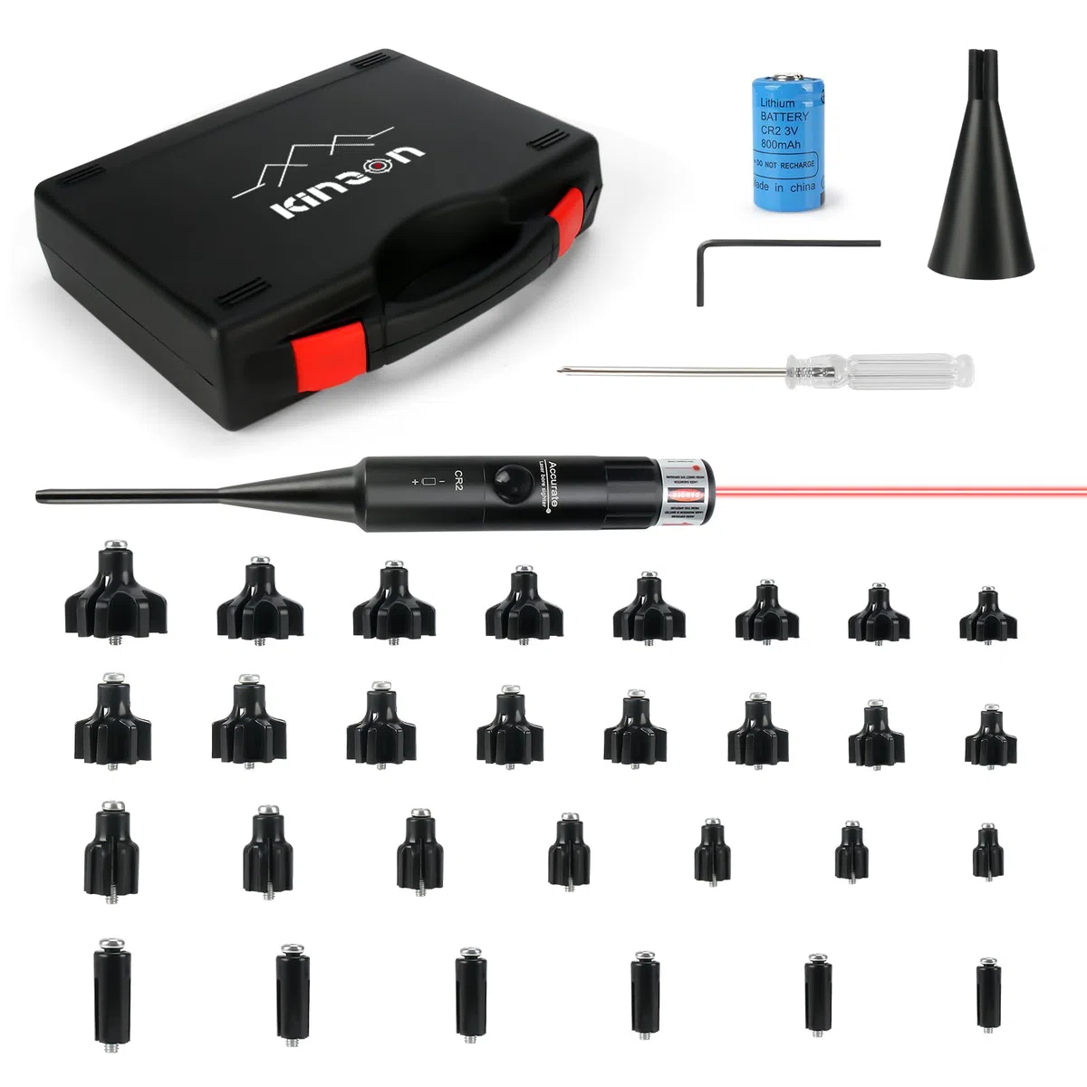 KinZon Kit de réglage de la visée Laser calibres 0.17 à 0.78 (12GA) Laser Bore Sight, viseur à alésage Rouge, 30 adaptateurs, avec Embout pour améliorer la stabilisation
