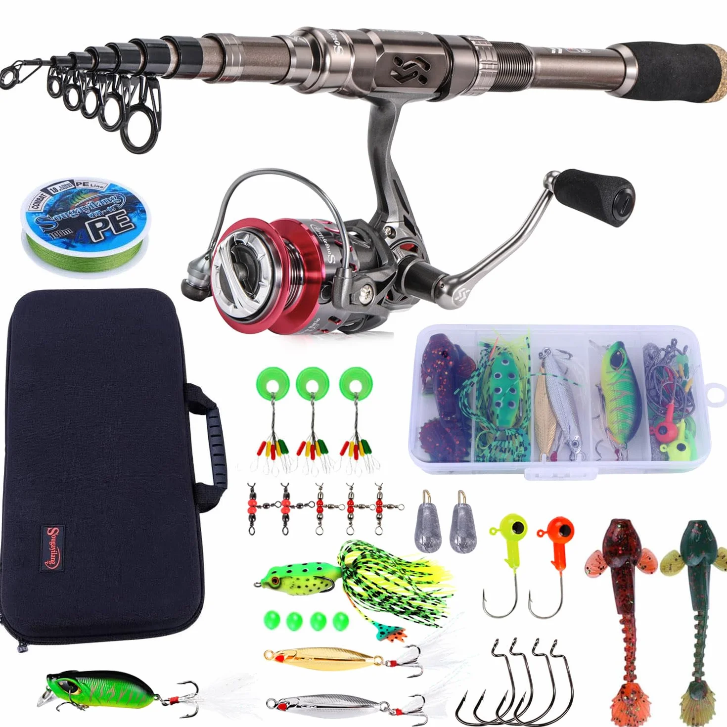Sougayilang Canne à pêche et Moulinet télescopique en Fibre de Carbone 12+1BB avec Sac de Transport pour Eau salée et Eau Douce