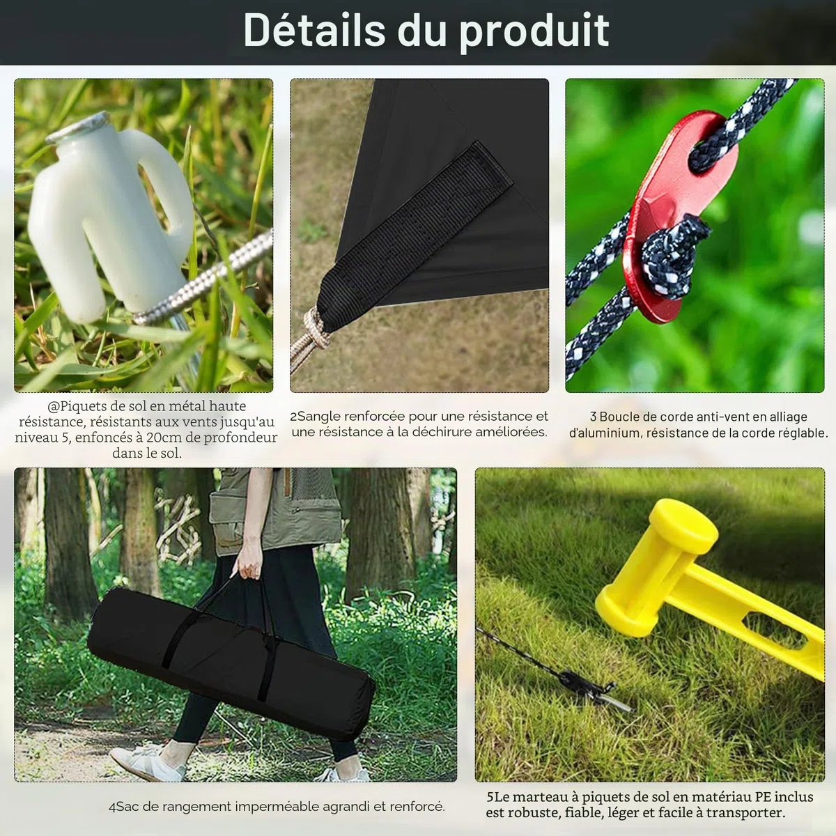 Kit de Auvent Voiture Rétractable, 200x300cm, avec 2 Poteaux, 8 Câbles de Haubanage, 8 Sardines, 2 Ventouses, Sac de Rangement et Sac de Transport, UPF50+, PU3000+, pour Aventures (Noir)