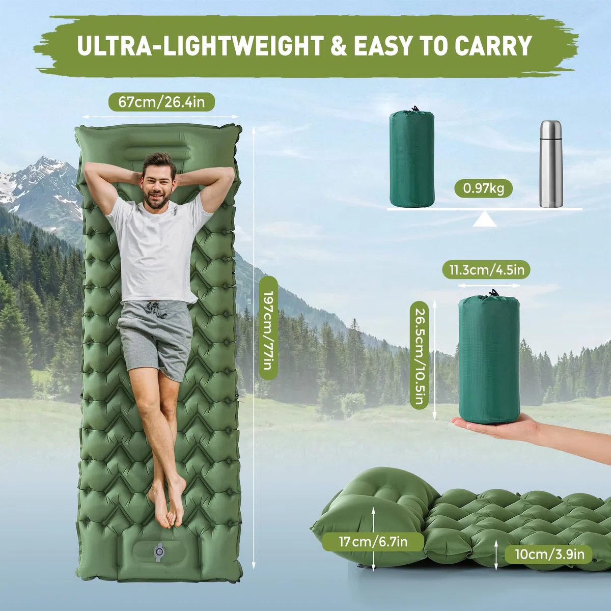 Elegear Matelas Gonflable Camping 1 Personne, Matelas Auto-gonflant Ultraléger avec Pompe à Pied et Oreiller Résistant à l'eau Portable et Compact Tapis Camping pour Tente Plage Trekking, 197x67x10cm