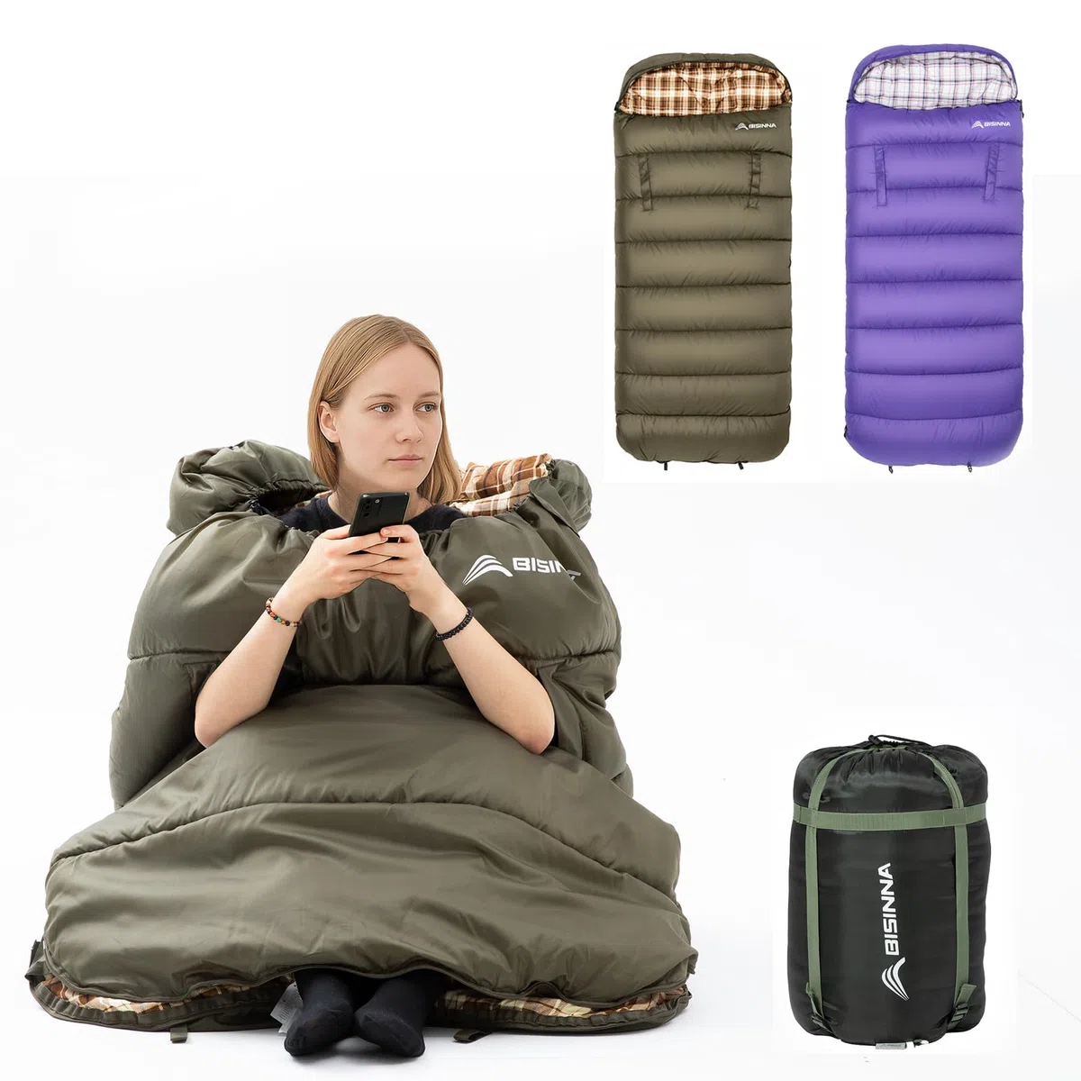 BISINNA Sac de Couchage 3 Saisons XXL en Flanelle avec Oreiller pour Adultes Chaud et imperméable pour la randonnée, Le Camping intérieur et extérieur, avec Sac de Compression