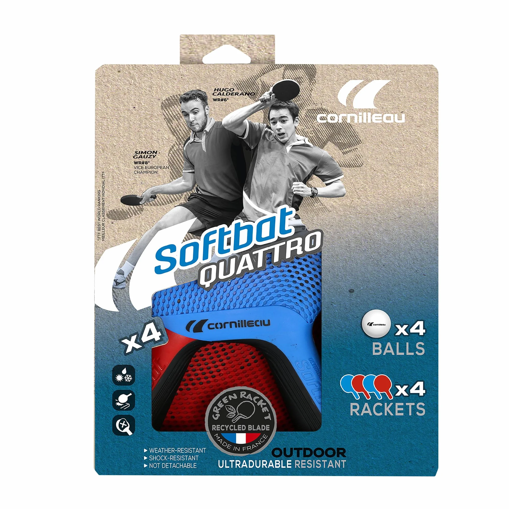 Cornilleau SOFTBAT Pack Quattro - 4 raquettes de ping-pong extérieur éco-conçues ultra durables + 4 balles
