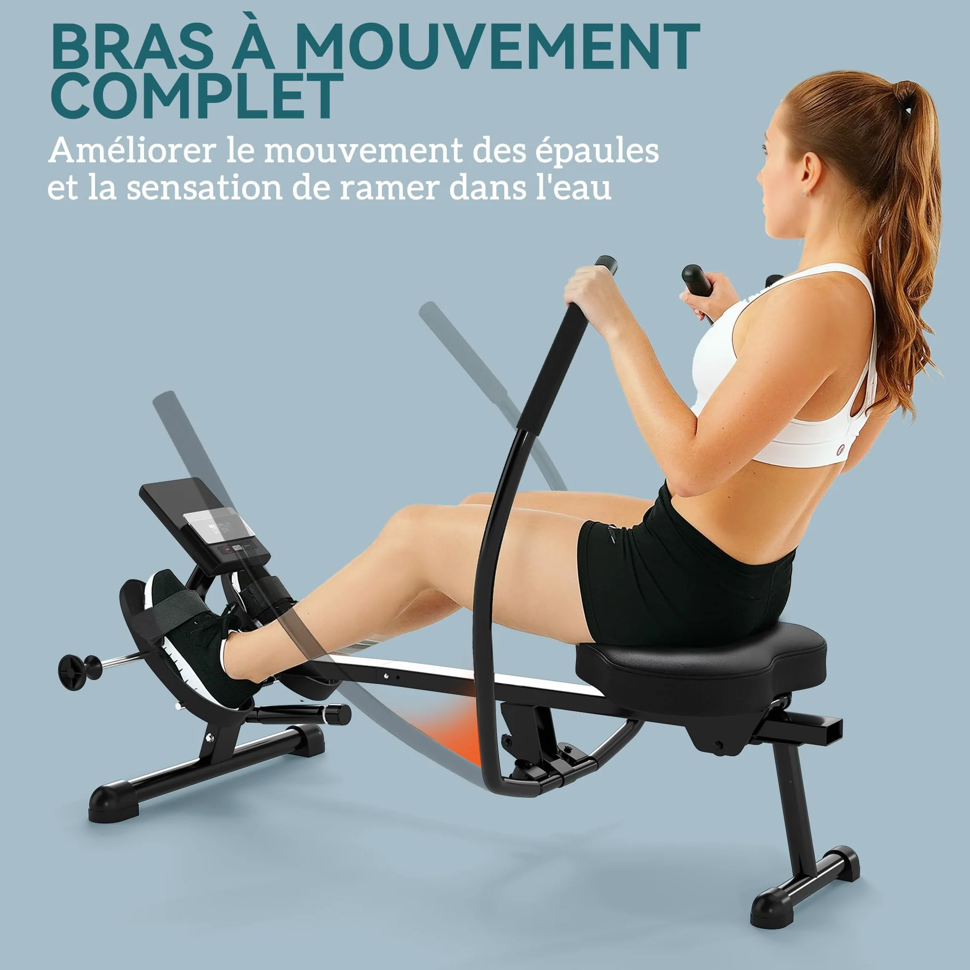 SPORTNOW Rameur hydraulique à résistance 12 Niveaux, Appareil de Musculation avec écran LCD et pédale antidérapante, capacité Max 130 kg, Cardio à Domicile, Noir