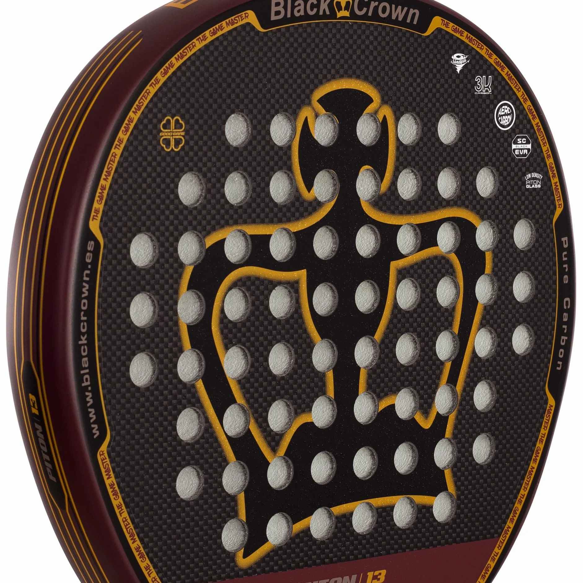 Black Crown - Raquette Piton 13 : Forme Ronde, Gomme SC Black EVA Moyenne, Double Cadre Tubulaire 100% Carbone, Carbone 3K + Piton Glas à Faible densité, contrôle et Puissance, Texture Rugueuse