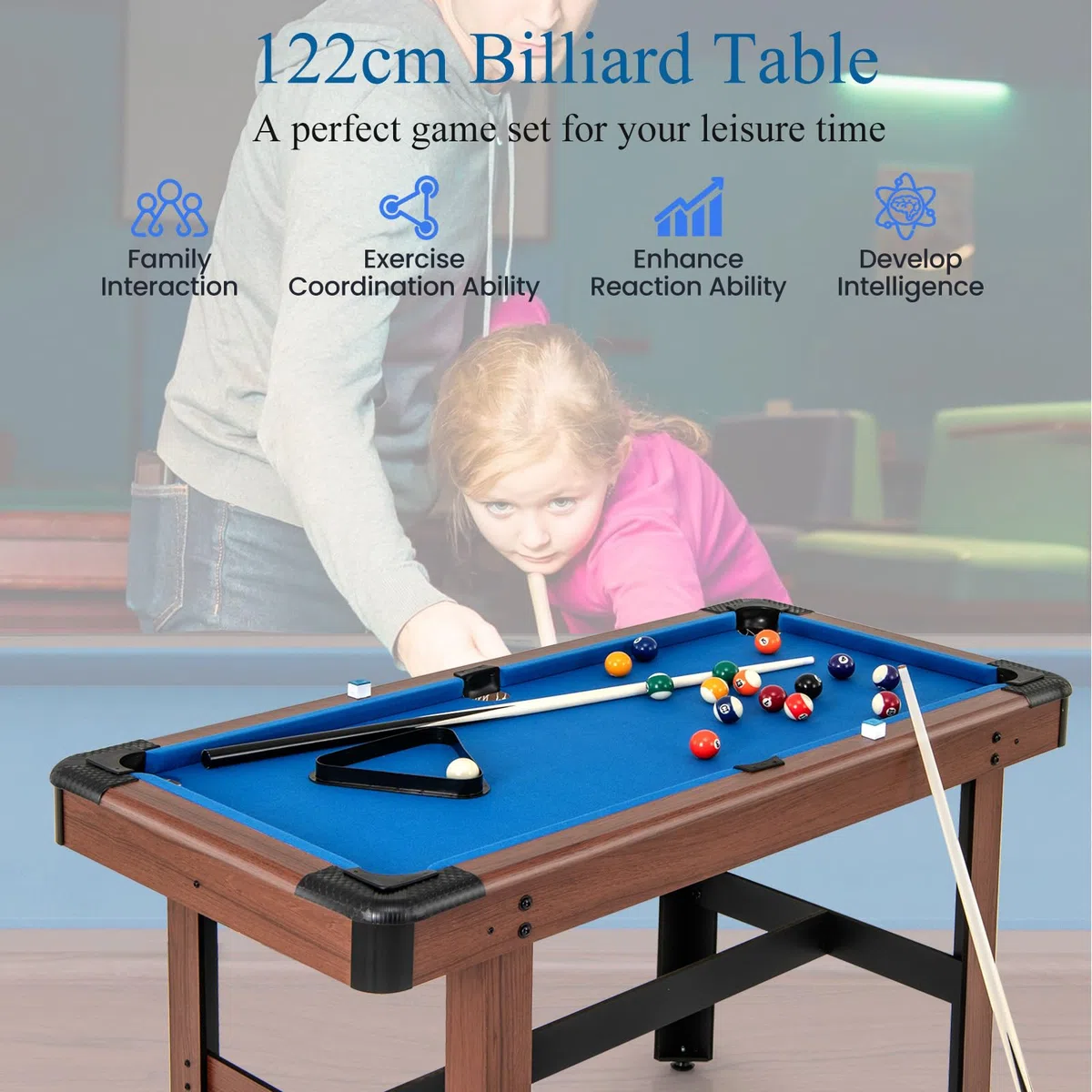 HOMASIS Billard, Mini Billard en Bois avec 16 Boules de Billard, 2 queues, 2 craies, Triangle, Brosse, Set de Billard pour la Maison, Le Bar, Les Enfants et Les Adultes, 122 x 61 x 76cm