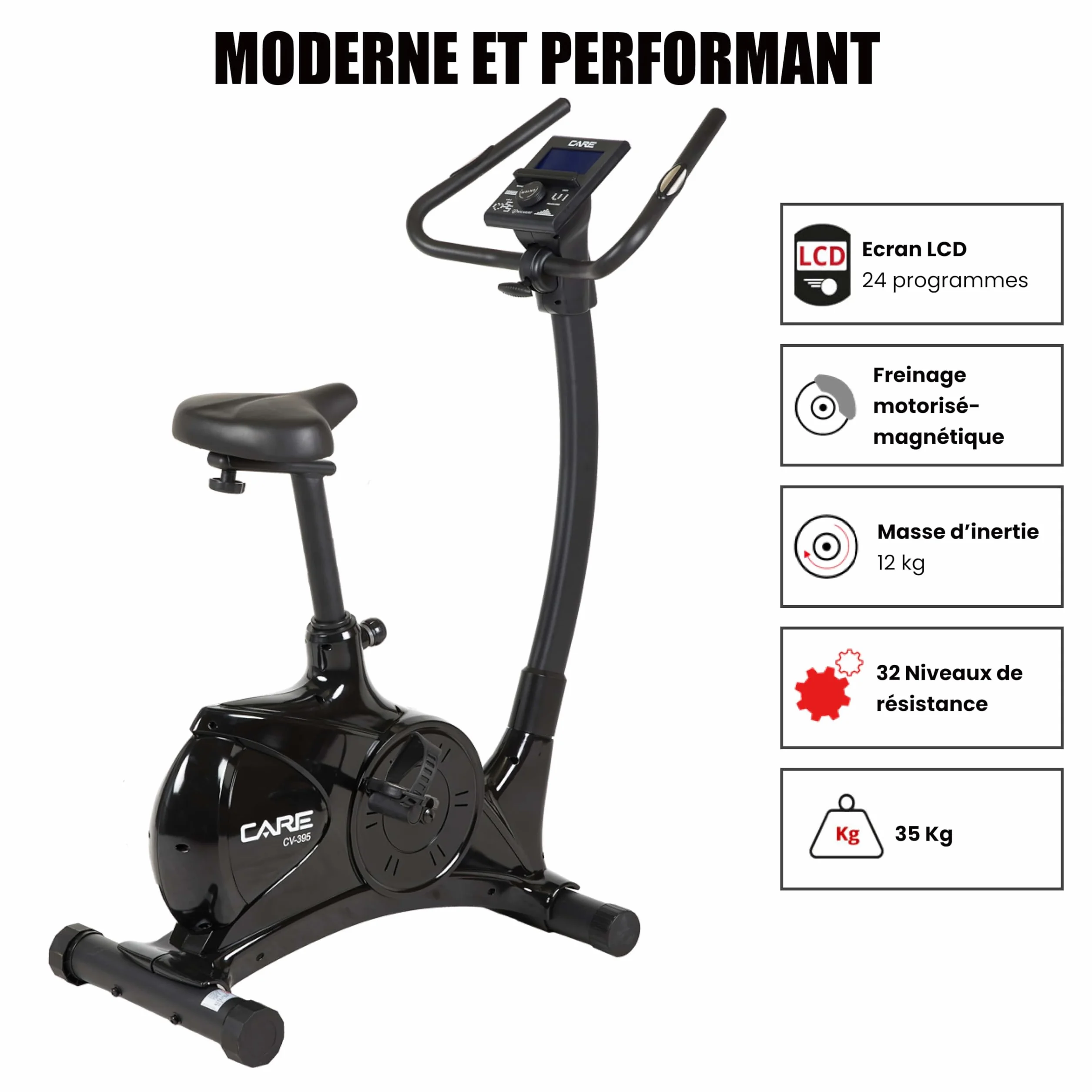 Care Fitness - Vélo d'Appartement Motorisé CV-395 - Vélo Droit 24 Programmes d'Entraînement - Masse d'Inertie 12kg - Résistances Magnétique Motorisée - Connectivité Application Mobile/Kinomap