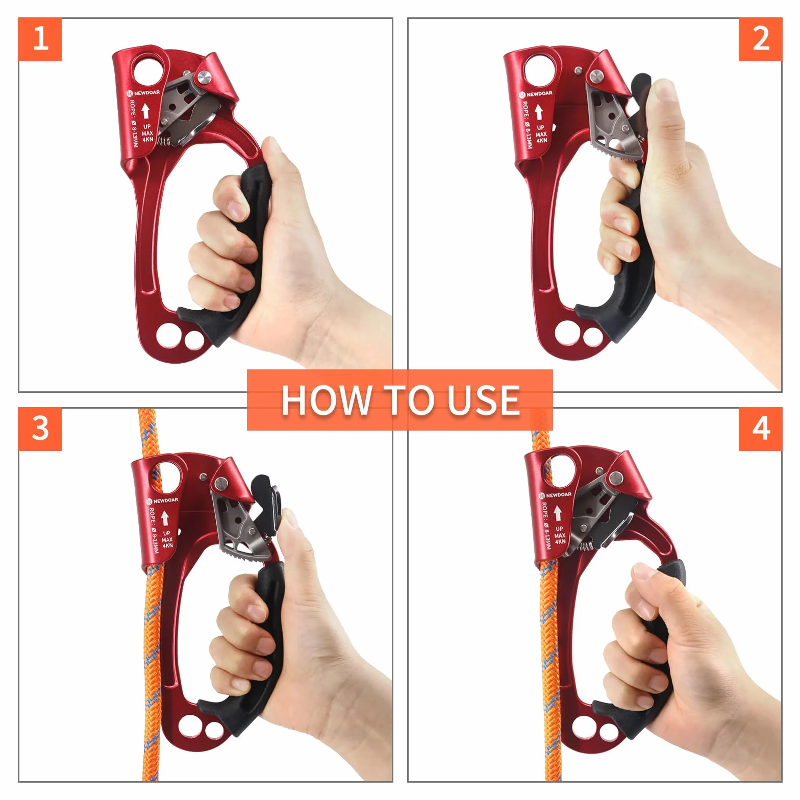 NewDoar UIAA & CE Certifié Main Ascendeur Bloqueur Poignée Ergonomique d'escalade Arbre Arboriste Rappel Gear Équipement Corde Pince pour 8~13 MM Corde