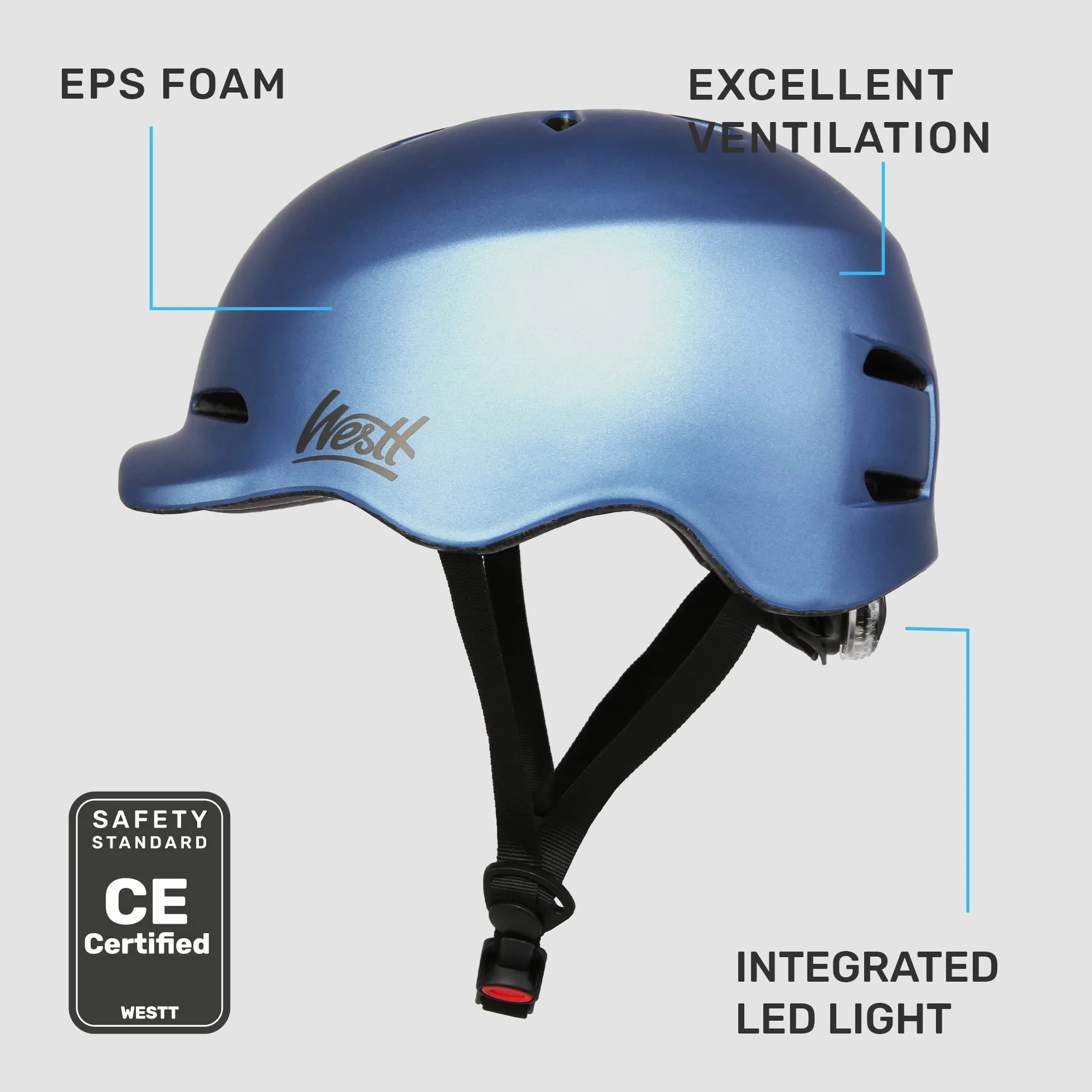 Westt Urban Casque vélo Urbain Homme Femme Enfants, Casque de Skate BMX avec lumière Respirante, 58-60cm