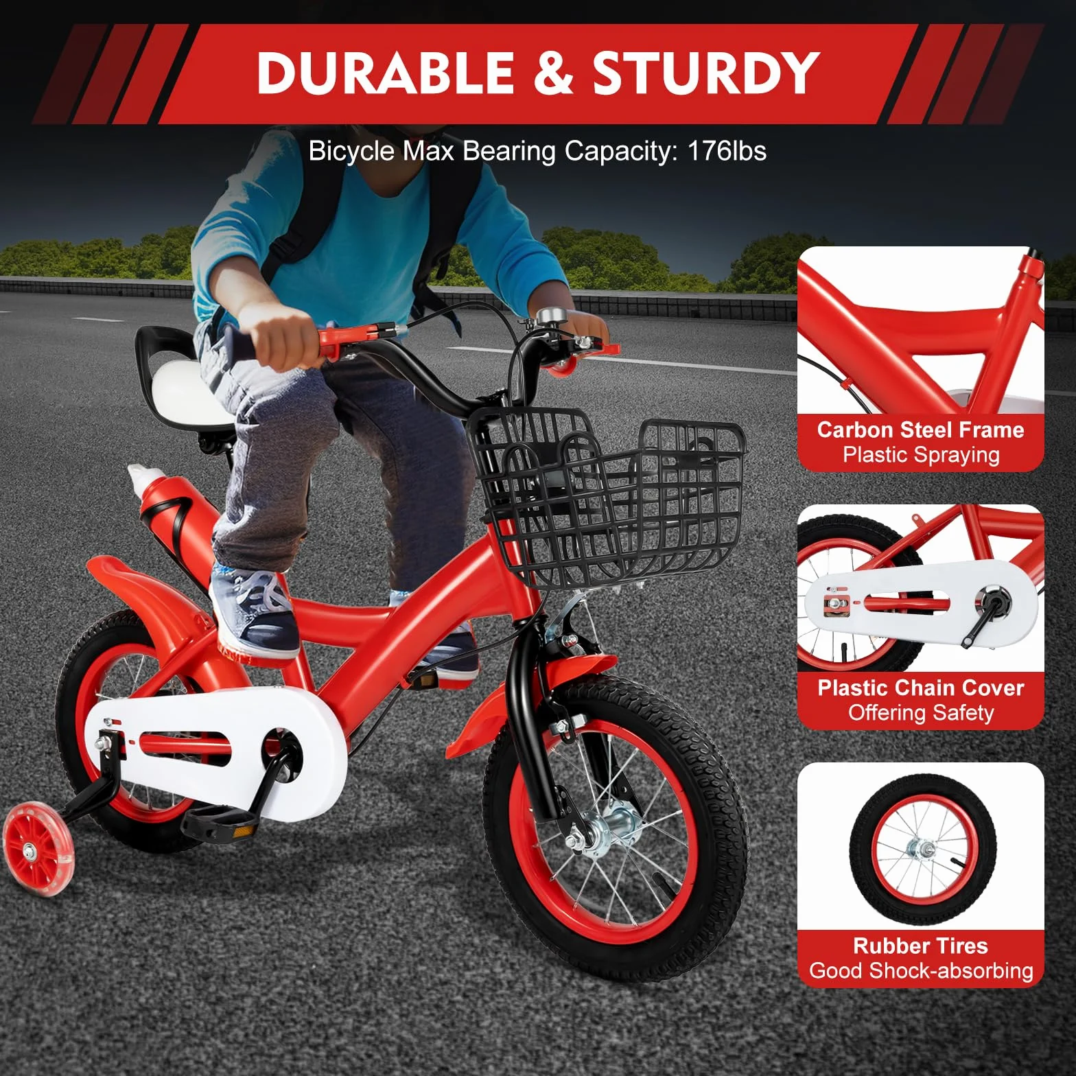 Vélo enfant 12 pouces avec roues stabilisatrices réglable hauteur rouge 2-4 ans