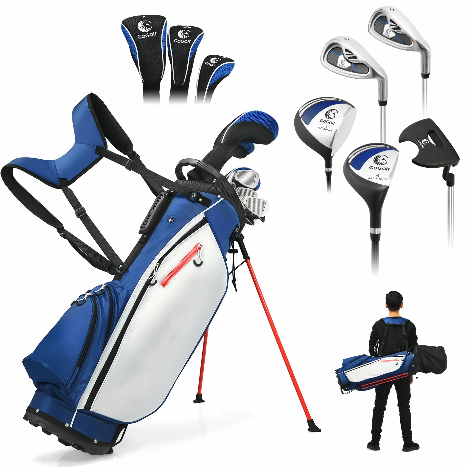 LIFEZEAL Set de Golf Portable, Ensemble Complet Club de Golf Droitier pour Homme, Sac Trépied avec 7 Compartiments, Putter, 3 Bois: Driver #1, Fairway #3, Hybride #4, 5 Fers