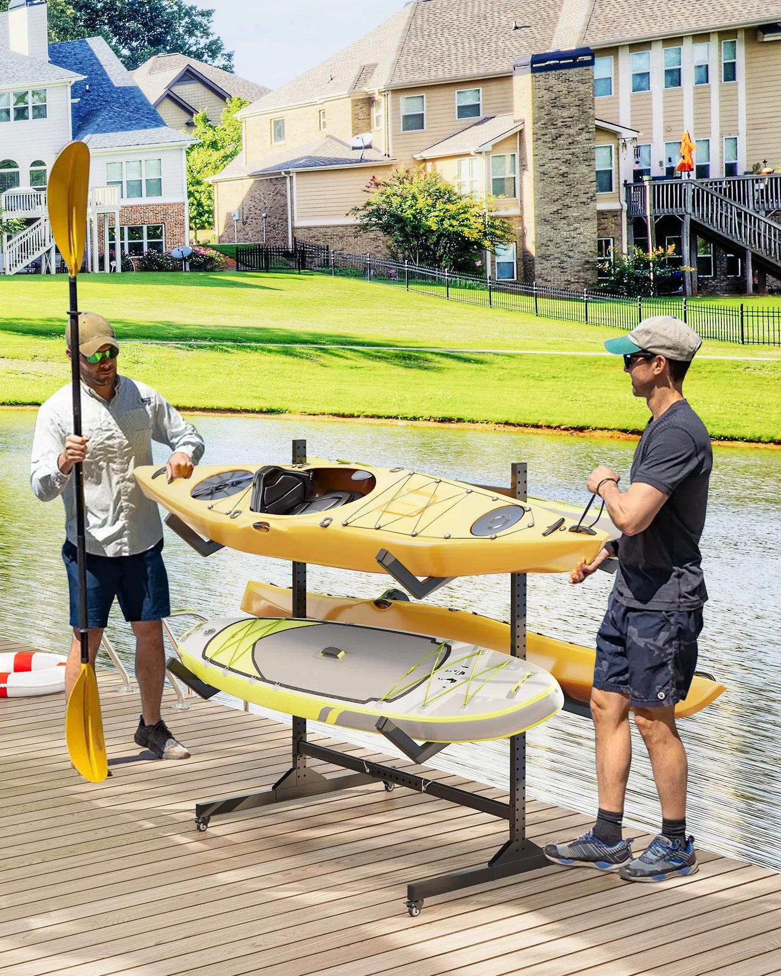 Garvee Rack de Rangement autoportant Double Face, Robuste et réglable, pour 4 Kayaks, canoës, Sup et Planches – roulettes verrouillables – Idéal Garage, abri ou Quai – Spécification : Double Face