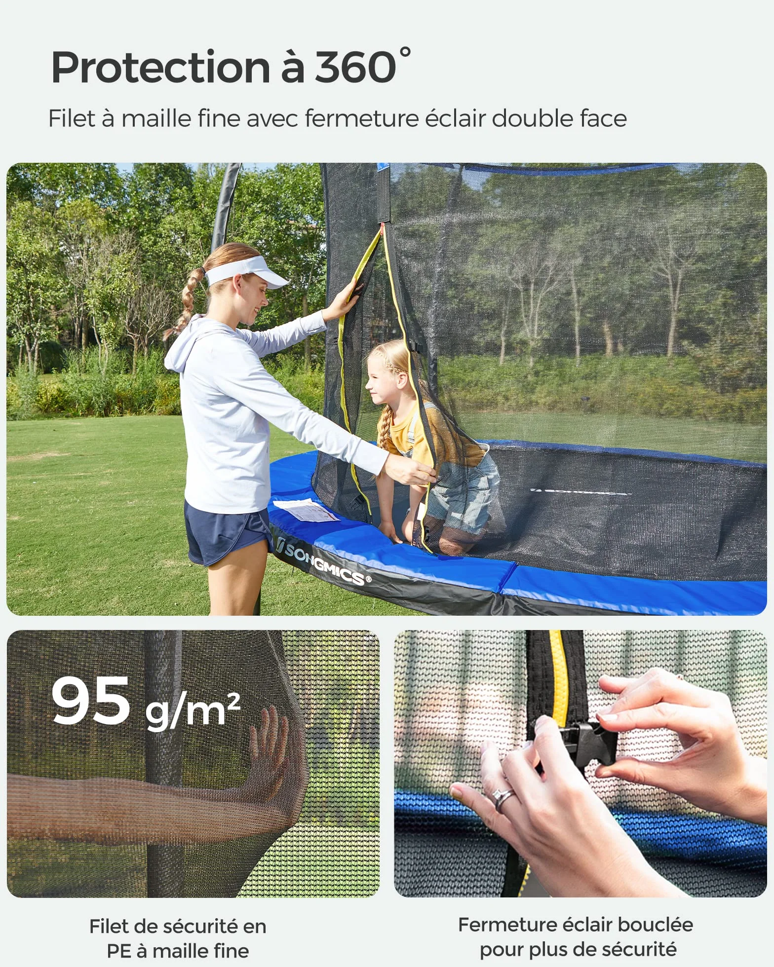 SONGMICS Trampoline Extérieur Enfant Diamètre 244/305/366/427 cm, Filet de Protection, Poteau Incurvé de 180 cm de Haut, Coussins de Sécurité, Échelle, Cadre en Acier