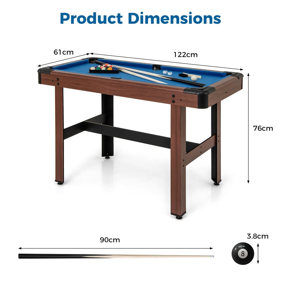 HOMASIS Billard, Mini Billard en Bois avec 16 Boules de Billard, 2 queues, 2 craies, Triangle, Brosse, Set de Billard pour la Maison, Le Bar, Les Enfants et Les Adultes, 122 x 61 x 76cm