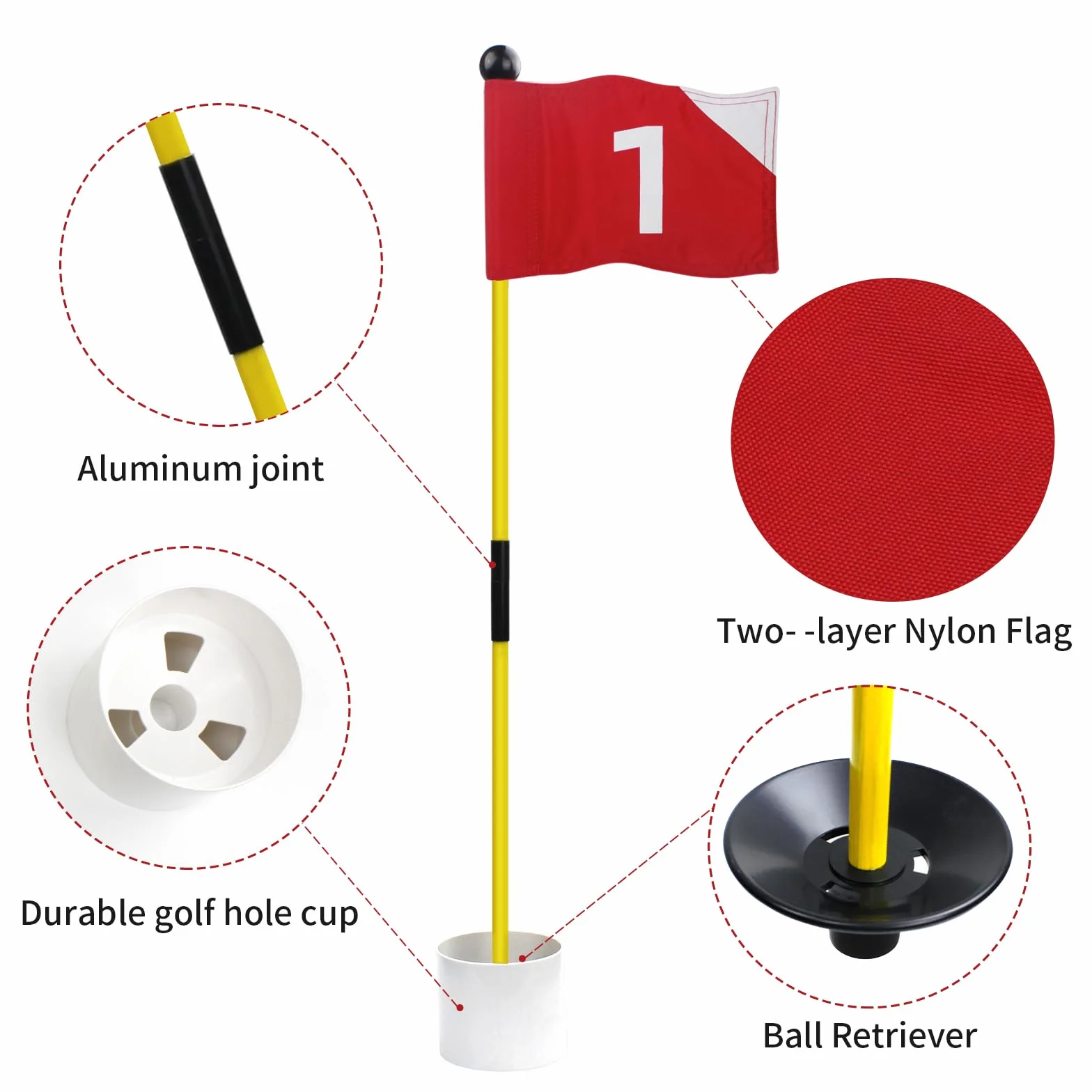 KOFULL Lot de 4 drapeaux de golf avec drapeaux rouges numérotés de 1 à 4, bâton en fibre de verre, ensemble de tasses pour entraînement portable, avec trous verts