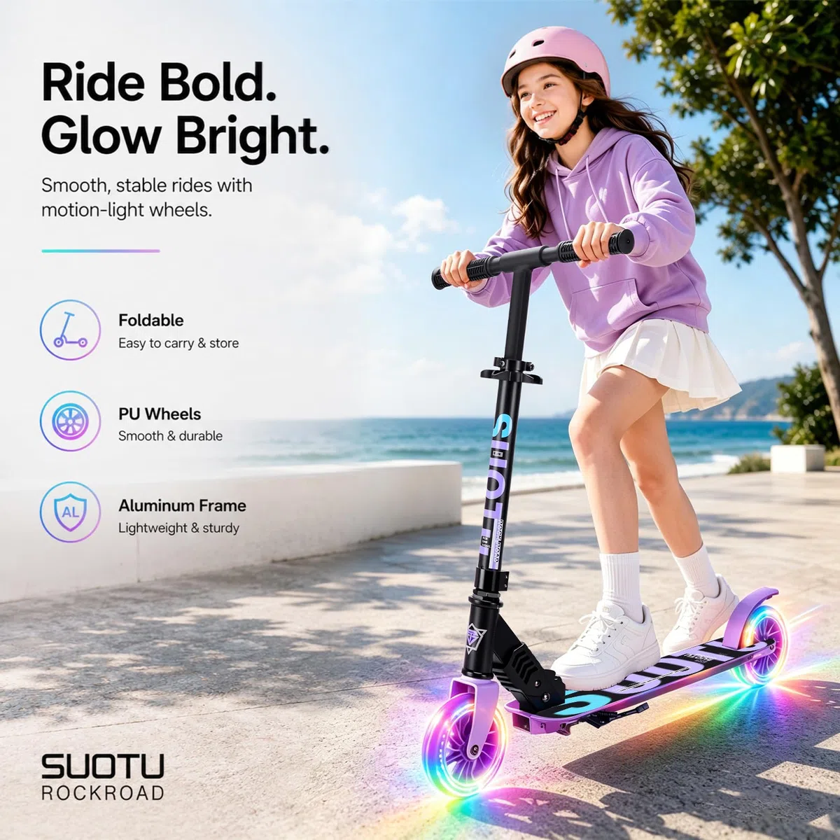 Trottinette pour Enfants avec Roue Lumineuse de 145 mm, Charge Max: 100 kg, Pliable, Hauteur Réglable, Scooter pour Garçons et Filles de 3 à 12 Ans, Aluminium