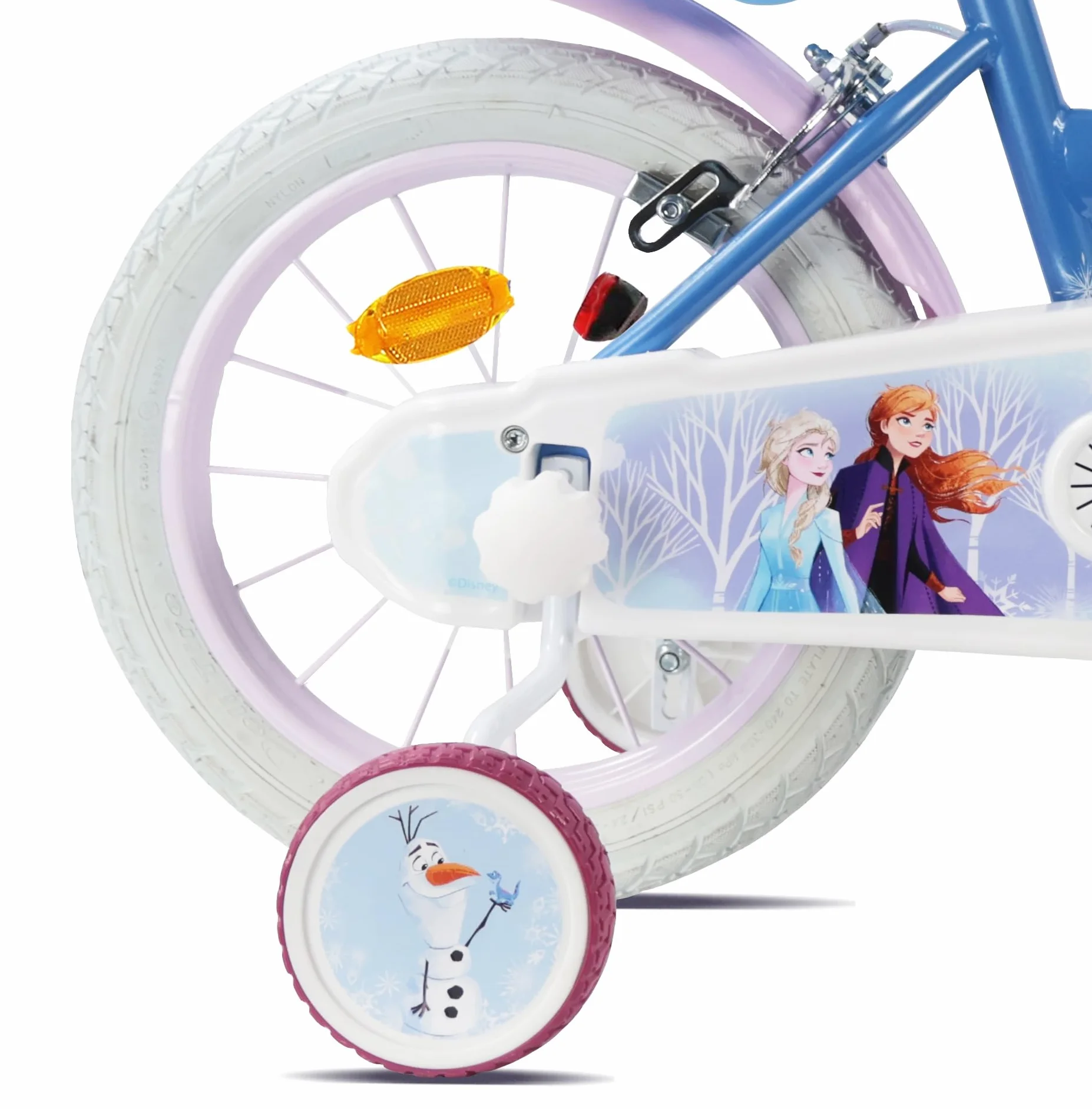 Vélo Reine des Neiges 14'' Fille équipé de 2 Freins Caliper - Roue Libre - Pneus Gonflables - Jantes aciers avec Rayons - Panier Avant - Porte-poupée arrière - Garde-Boue - 2 Stabilisateurs