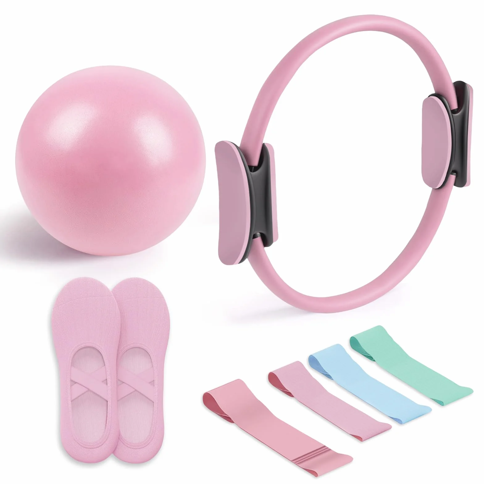 Kit Pilates Essentiel - Accessoires de Fitness Portables - avec Anneau Pilates Tonifiant, Bandes de Résistance Longues, Bandes Pilates Loop, Ballon Pilates Souple et Chaussettes Pilates Grip