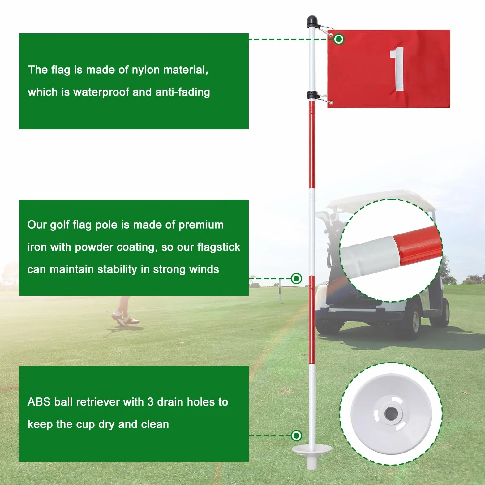 Lot de 3 drapeaux de golf verts de 188 cm, drapeaux de golf pour cour, golf, drapeau pour terrain de conduite, lot de 3