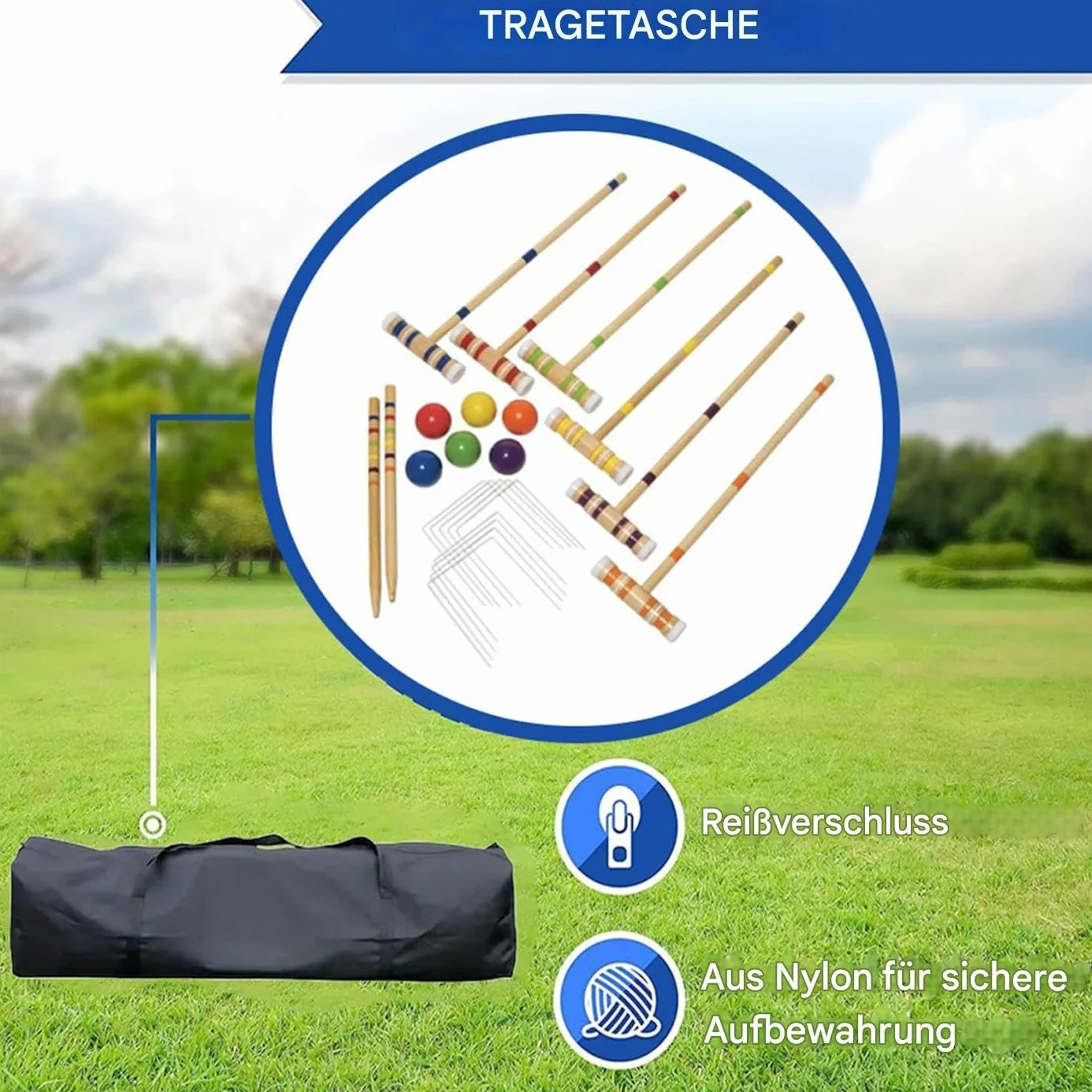 Kit de croquet pour 6 joueurs - Jeu de pelouse en bois - Équipement de sport extérieur réutilisable