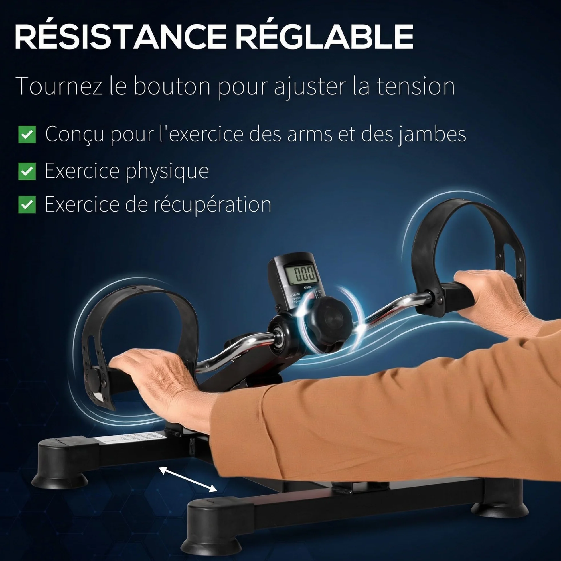 HOMCOM Pédalier d'appartement mini vélo d'appartement avec résistance réglable, écran LCD, hauteur et largeur réglables, pour entraînement des bras et des jambes, acier noir