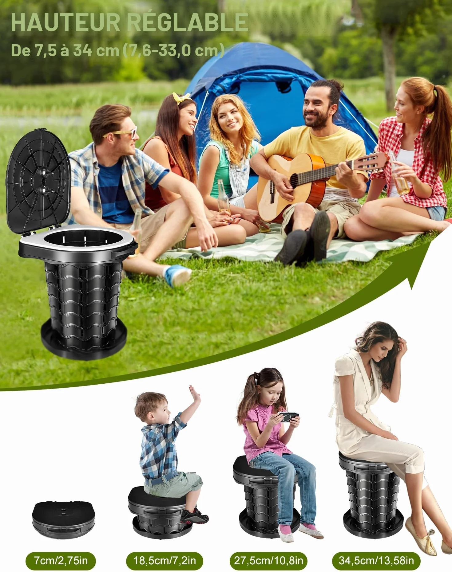 Toilette Portable Camping avec Couvercle, WC Portable avec Sac Poubelle, Toilettes Sèches, pour Le Camping, Les Barbecues, Les Voyages, la Pêche, la Plage et L'auto-Propulsion