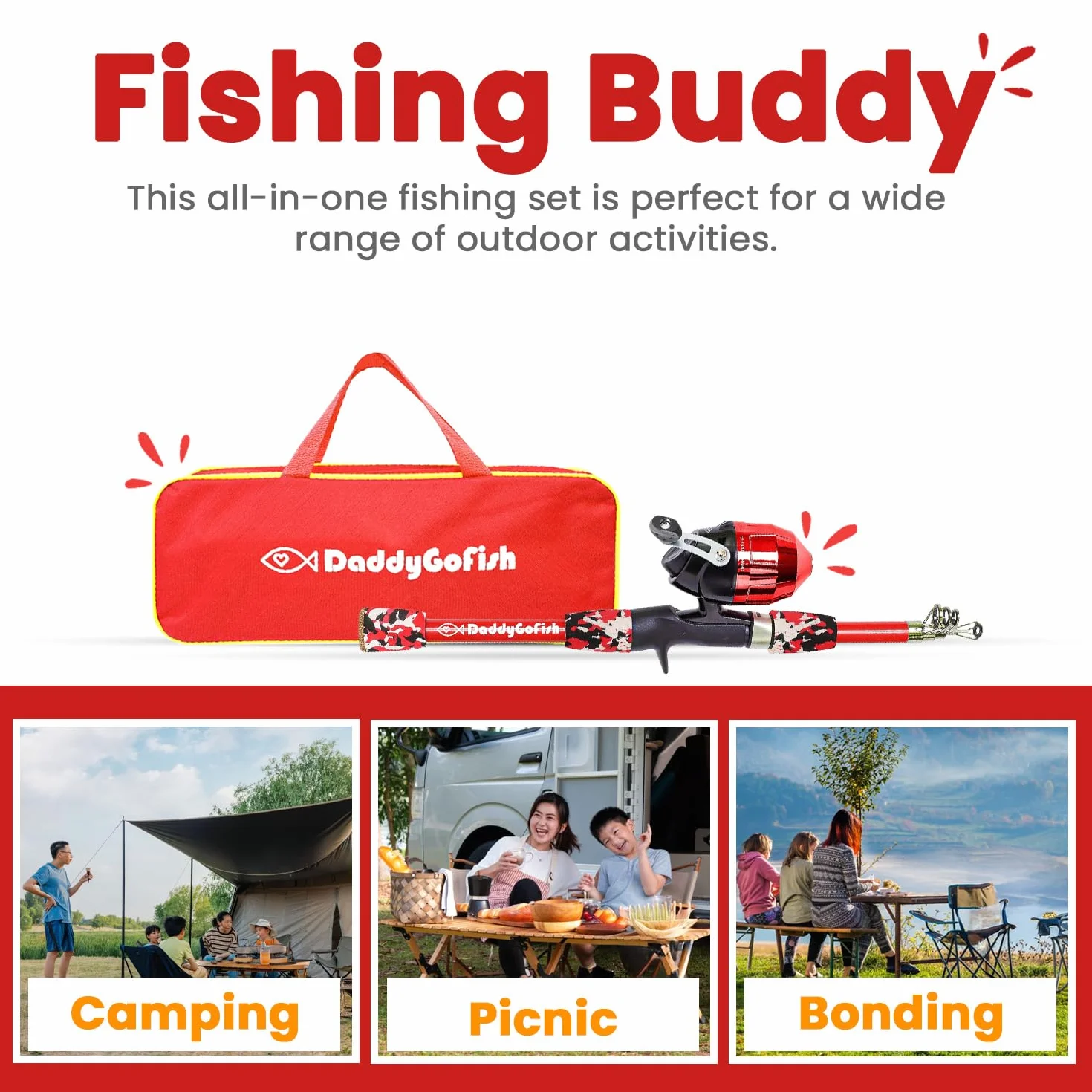DaddyGoFish Enfants Canne à pêche télescopique Spincast Combo Chaise Pliable Porte-Canne boîte à appâts Filet et Sac de Transport garçons et Filles