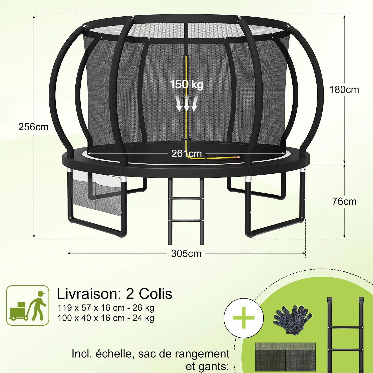 Devoko Trampoline Extérieur Ø 228/305/366/427 cm, pour Enfants, avec Filet de Sécurité, GS Certification, Couverture de Protection, Design Citrouille, Capacité de Charge 150 kg