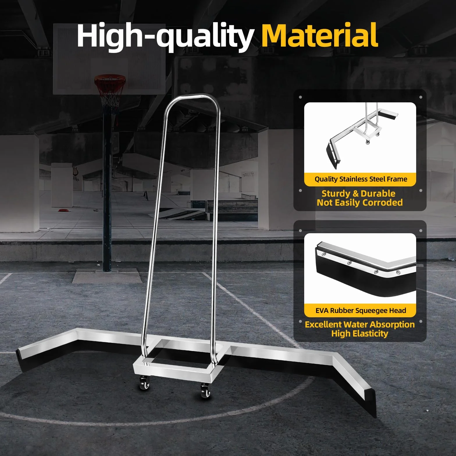 Court, raclette pour terrain de sport avec cadre en acier inoxydable, tête de balai en caoutchouc EVA de 101 cm de large avec roulettes pivotantes, curseur d'eau pour tennis et courts de basketball