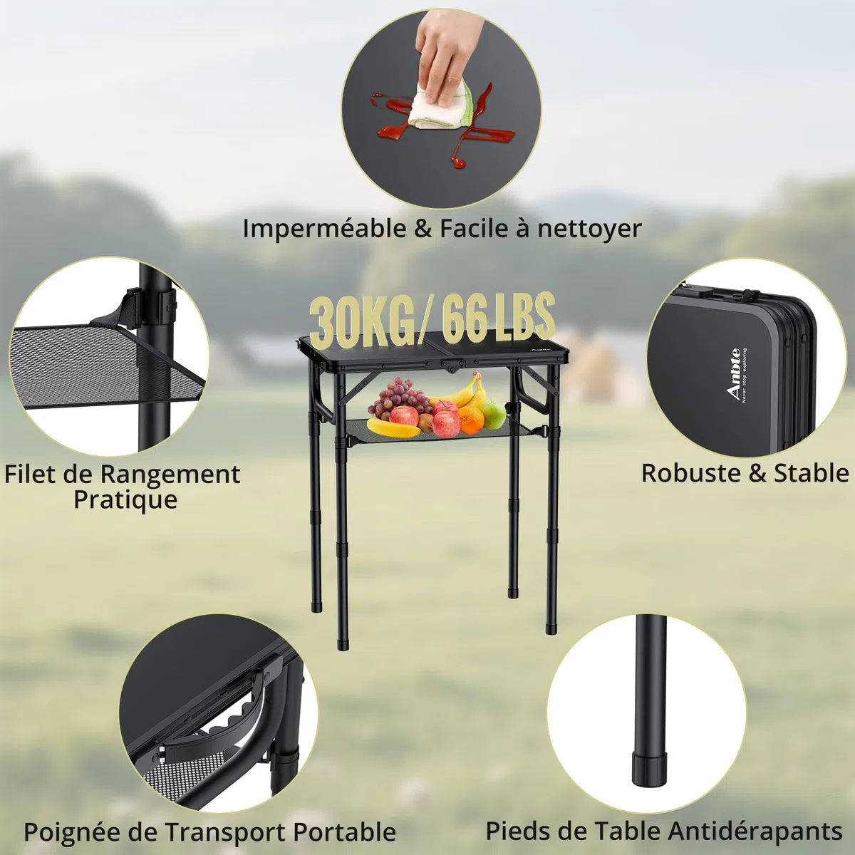 Anbte Table de Camping Pliante avec Filet de Rangement, Table de Pique-Nique Portable en Alliage d'Aluminium Hauteur Réglable en 3 hauteurs pour Intérieur/Extérieur, Cuisine