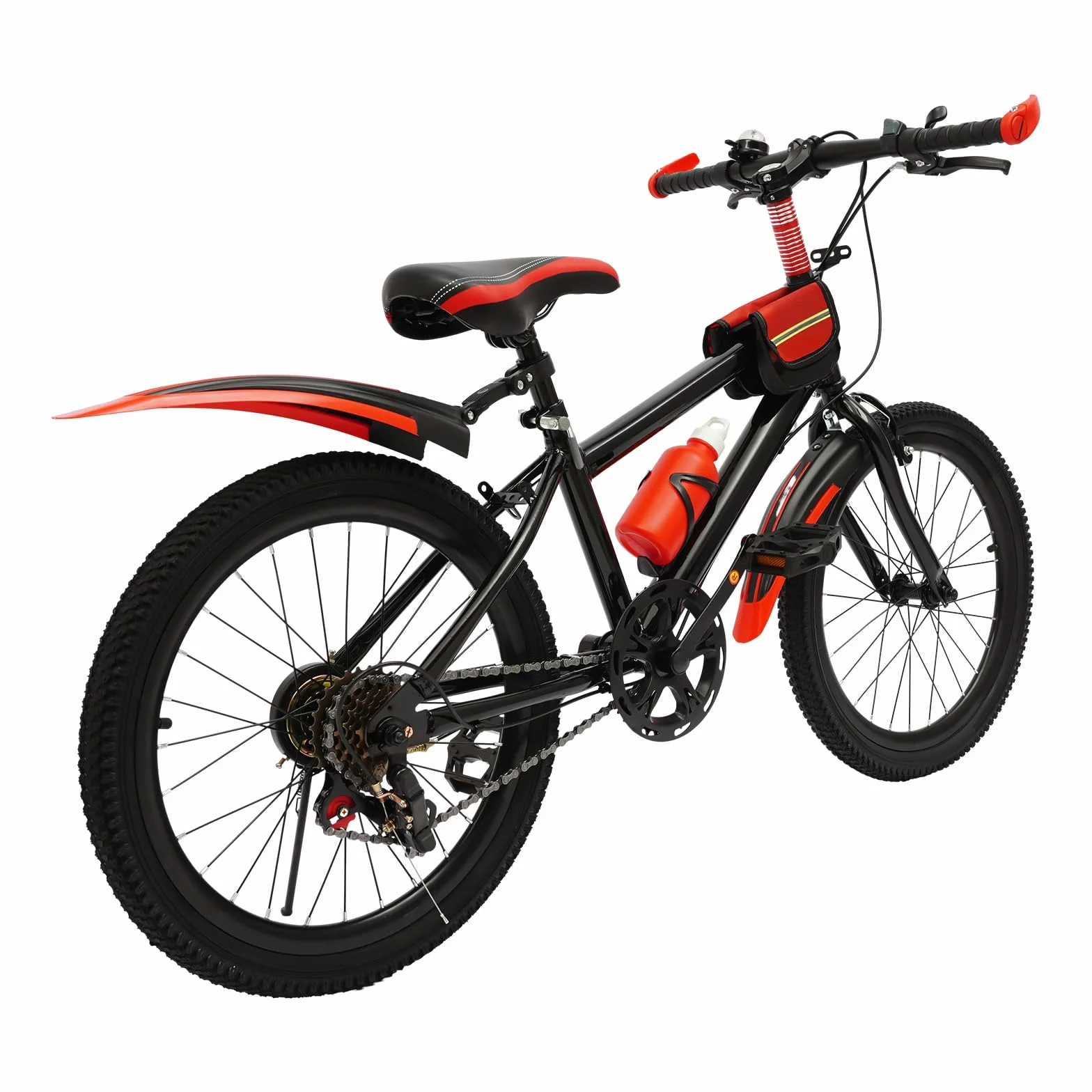 Vélo VTT pour enfant de 20 ", en acier au carbone, capacité de charge 75 kg, rouge, 7 vitesses, hauteur réglable, avec sac de rangement, vélo pour enfants à partir de 8 ans, garçons et filles
