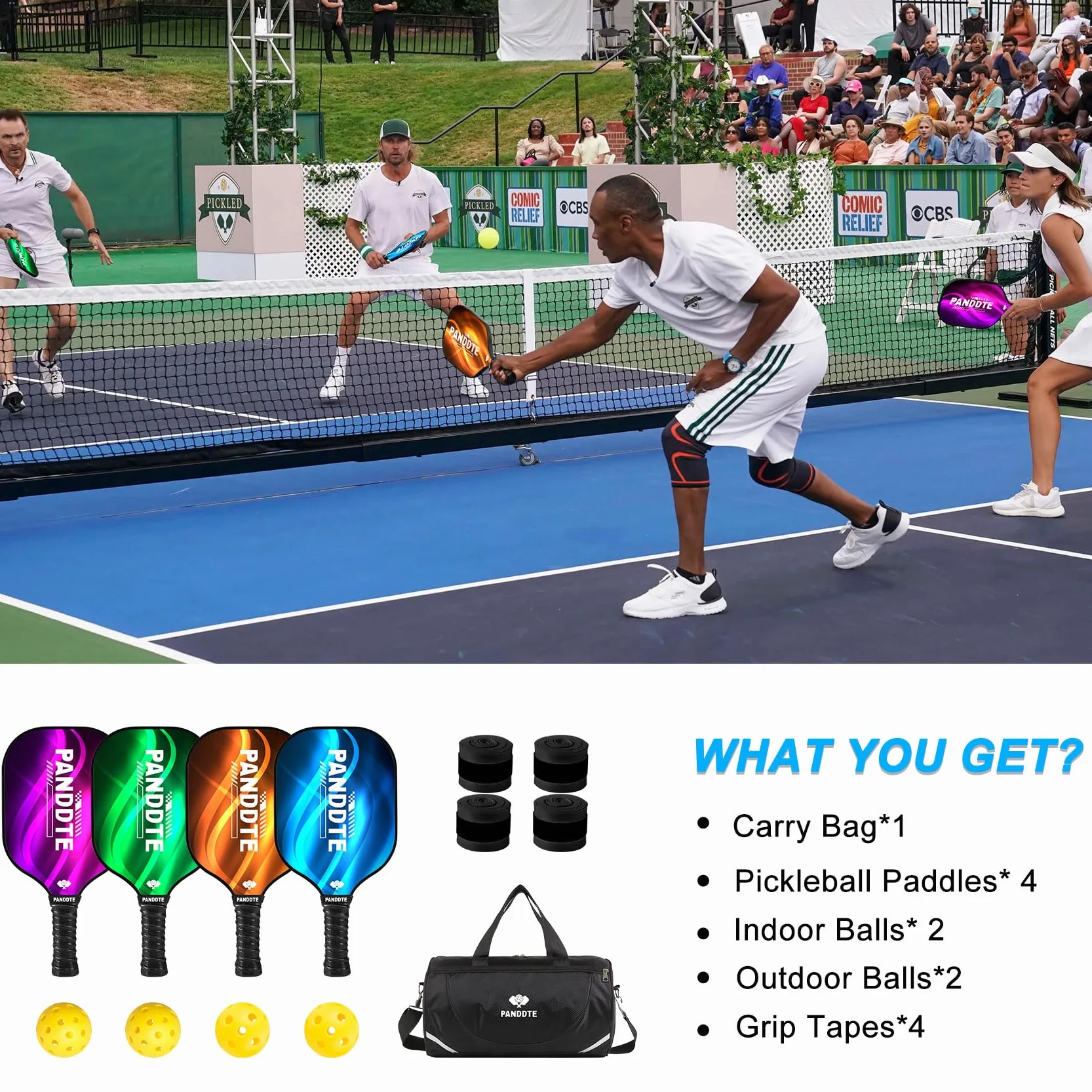 Lot de 4 Raquettes de Pickleball en Graphite avec 4 balles de Pickleball, 4 poignées de Rechange et Sac, Raquettes de Pickleball pour débutants et Professionnels